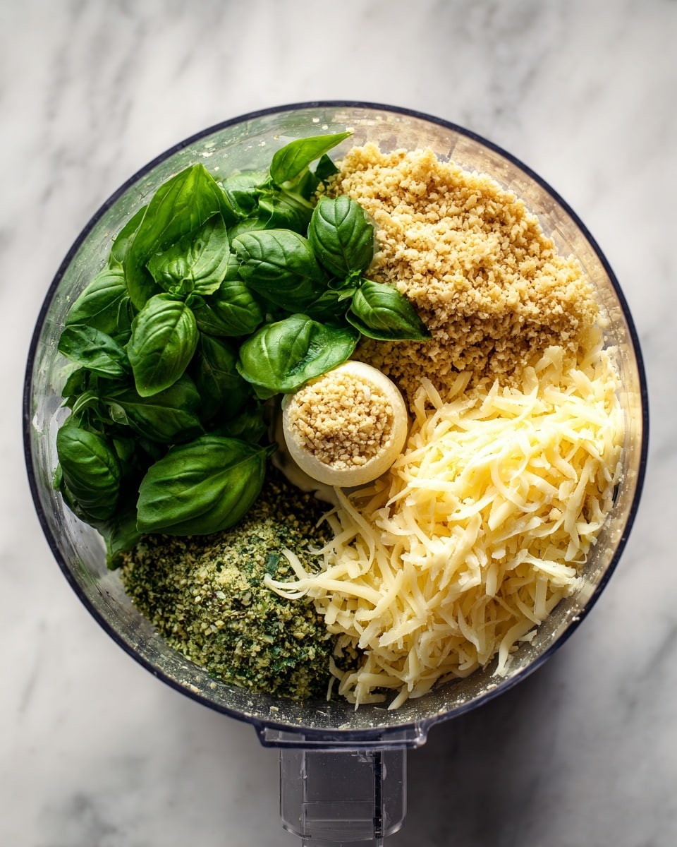The image shows a clear food processor bowl with three different layers arranged separately inside. On the left side, there is a cluster of bright green fresh basil leaves with a smooth and slightly shiny texture. At the top, there is a coarse, crumbly layer of light brown nuts or seeds. On the right side, there is a pile of finely shredded pale yellow cheese with a soft and fluffy texture. The food processor bowl sits on a white marbled surface. Photo taken with an iphone --ar 4:5 --v 7