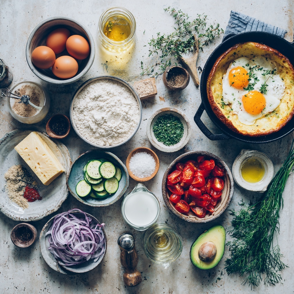 The image shows two side-by-side dishes. The left dish is a white plate with fresh sliced red tomatoes and yellow cherry tomatoes scattered on the bottom. On top, there are thin rings of purple and white onions and small pieces of green zucchini scattered around. The vegetables appear raw and fresh with vivid natural colors on a wooden surface background changed to white marbled texture. The right dish is a round white deep dish with a golden brown baked layer on top, which looks fluffy and slightly cracked, showing a soft pale yellow inside. The crust on the edges is a darker brown, giving a toasted look, and the dish is placed on a white marbled texture. photo taken with an iphone --ar 4:5 --v 7