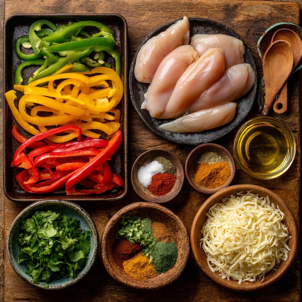 The image shows a white baking dish filled with three large pieces of cooked chicken topped with melted cheese and sliced red and green bell peppers. The cheese is golden brown and slightly crispy, covering the peppers and chicken in a thick layer. The peppers are soft but still keep their shape, adding a mix of bright red and green colors. Fresh green parsley leaves are sprinkled on top and around the dish for garnish. A silver spoon sits in the dish under one piece of chicken, ready to serve. The dish is placed on a white marbled surface with some parsley sprigs scattered nearby photo taken with an iphone --ar 4:5 --v 7