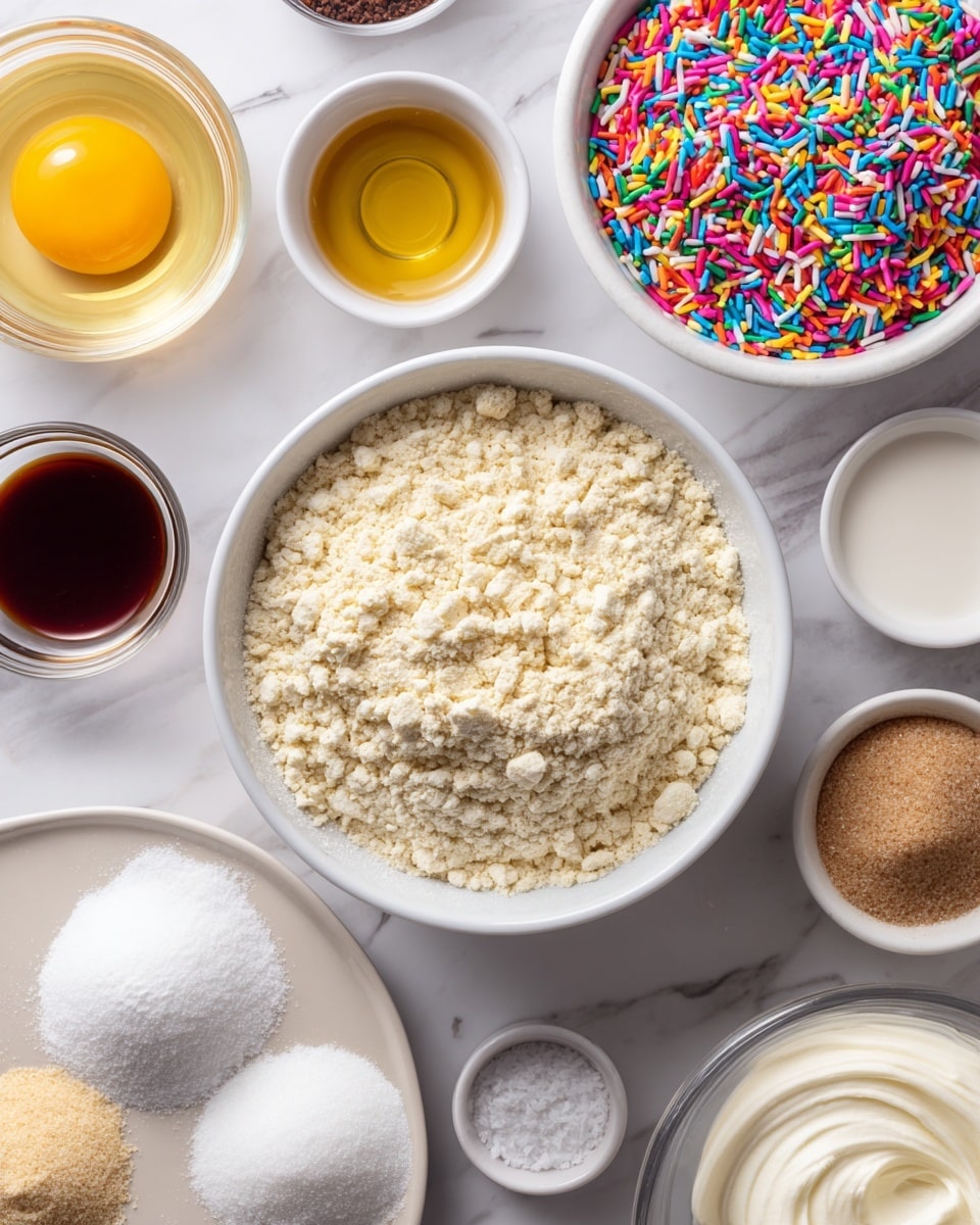 A white bowl shows a thick brown batter spread evenly inside it, with a large layer of colorful sprinkles covering the top half. The sprinkles are tiny, shaped like rods and round beads, in bright colors including yellow, purple, blue, white, orange, and pink, scattered densely over the batter. The bowl sits on a white marbled surface with part of another white bowl with more sprinkles visible in the background. photo taken with an iphone --ar 4:5 --v 7