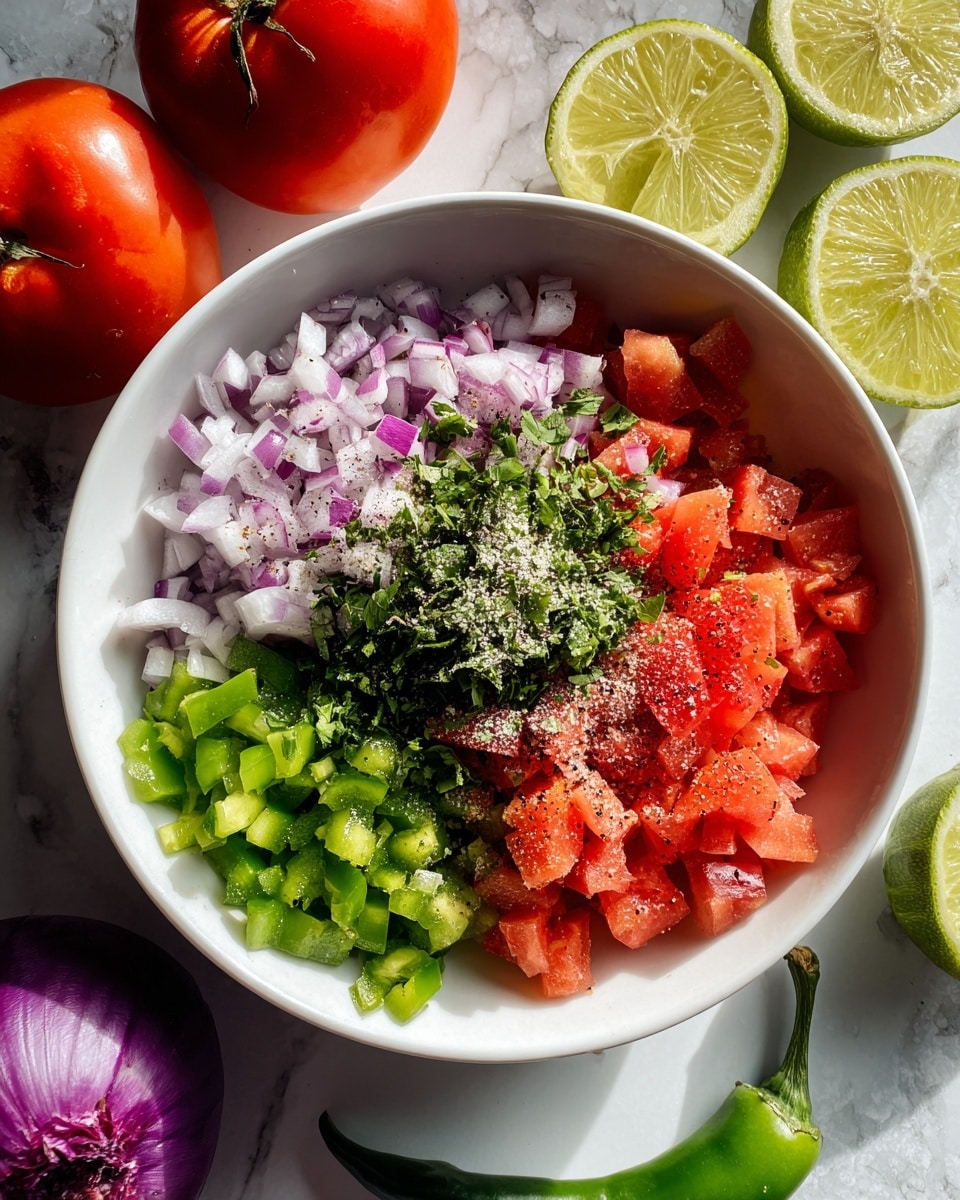 A white bowl on a white marbled surface holds a colorful mix of finely chopped ingredients arranged in separate sections: bright red tomato pieces on the right, vibrant green chopped peppers at the bottom left, and small cubes of purple-red onion on the top left. In the center, there is a pile of fresh green herbs sprinkled with coarse salt and black pepper, creating a textured and fresh look. Surrounding the bowl are whole red tomatoes at the top, lime wedges on the upper right, a halved purple onion on the lower left, and a green pepper near the bottom center. The lighting is natural and soft, with the photo taken with an iphone --ar 4:5 --v 7