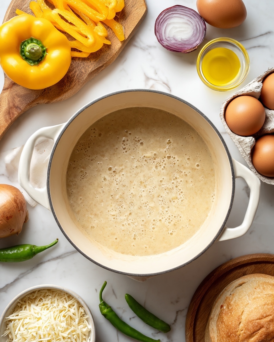 A large white pot with a light beige sauce bubbling inside takes the center of the image, set on a white marbled texture. To the upper left, there is a wooden board with sliced bright yellow bell pepper strips and a whole yellow bell pepper, along with some rings of red onion. A small clear bowl with a yellow liquid is placed next to the pot on the top right. Near it, a carton holds four brown eggs. Below the pot, two green chili peppers rest on the surface. On the lower left, a white bowl with shredded white cheese is partially visible, and a round wooden board with a piece of bread is at the bottom right corner. photo taken with an iphone --ar 4:5 --v 7