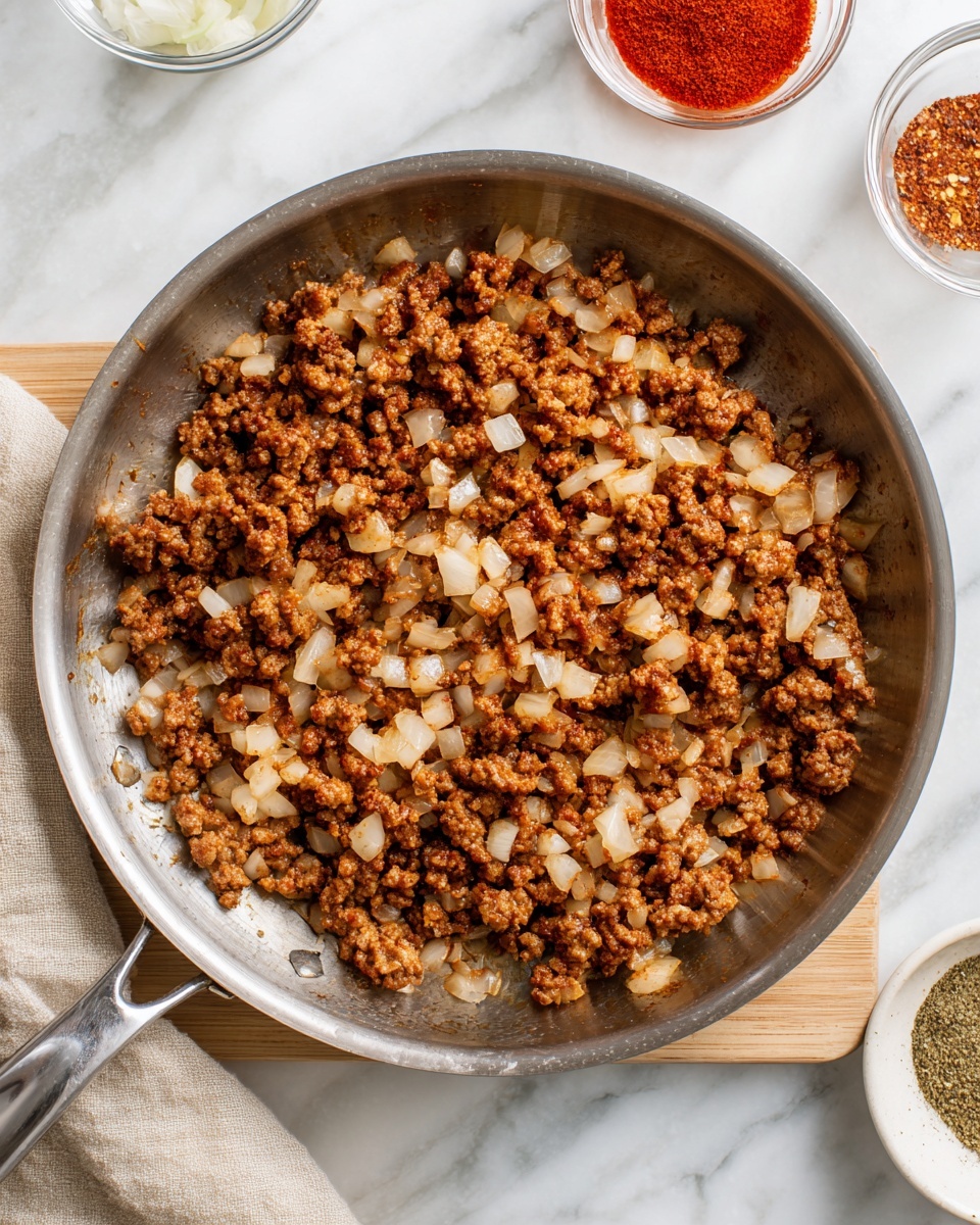 A top view of a stainless steel pan filled with cooked ground meat mixed with small diced onions. The meat is crumbly and brown, with a slightly moist texture, while the onions are soft and pale, scattered evenly throughout. The pan rests on a light wooden board placed on a white marbled surface. On the left side, there is a soft beige cloth, and in the top left and right corners, bowls with spices and red sauce partially appear. photo taken with an iphone --ar 4:5 --v 7