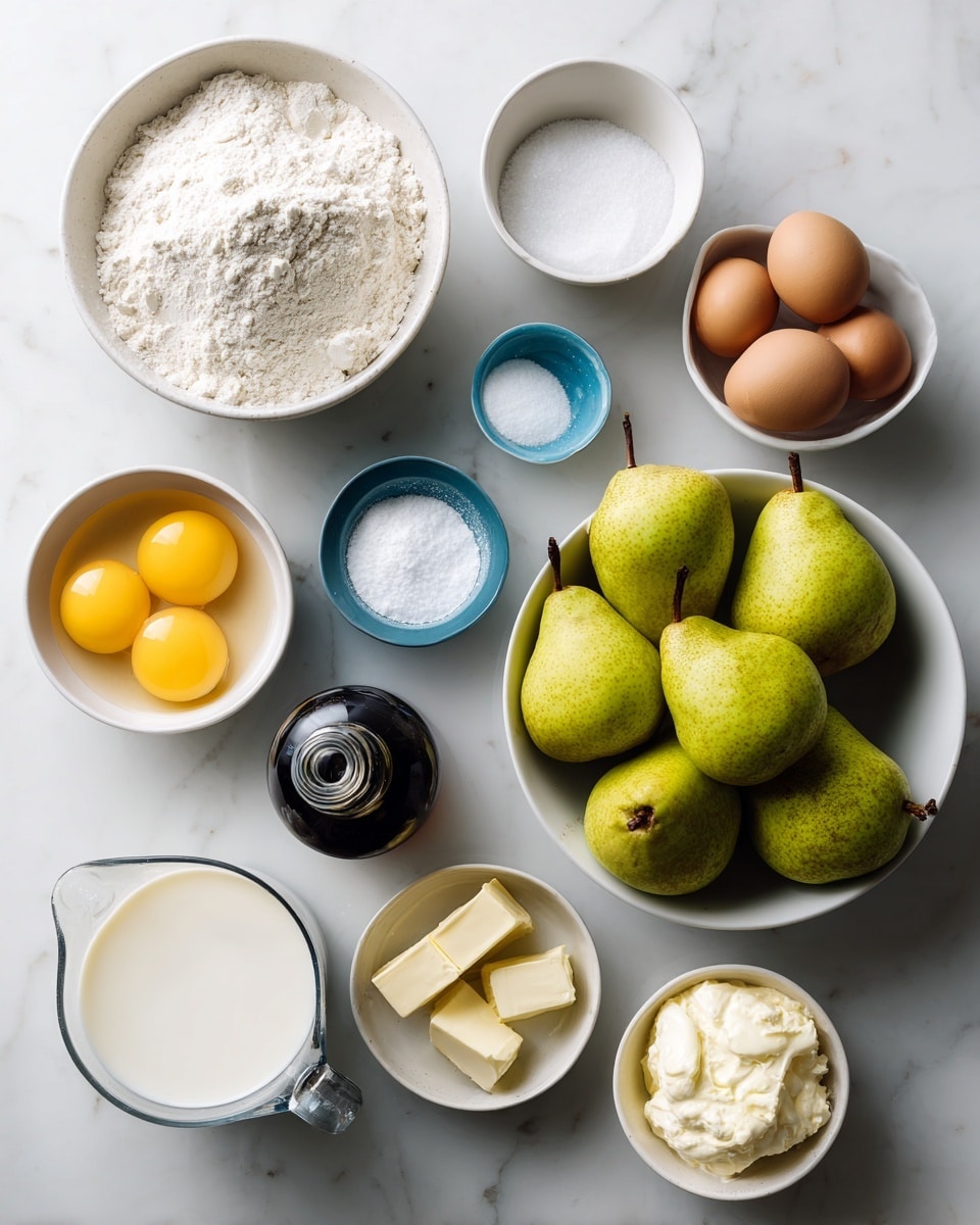 Top view of raw baking ingredients placed neatly on a white marbled surface. There is one large white bowl filled with flour at the top left and a smaller white bowl with salt below it. A medium white bowl holds sugar next to the salt, and beside the sugar is a white bowl with four cracked eggs showing bright yellow yolks. Below the eggs is a dark glass bottle of vanilla extract and a blue and white container of baking powder. A clear glass measuring cup filled with milk sits next to a white bowl with creamy butter. At the bottom right, a large white bowl holds six fresh green pears with brown stems. photo taken with an iphone --ar 4:5 --v 7