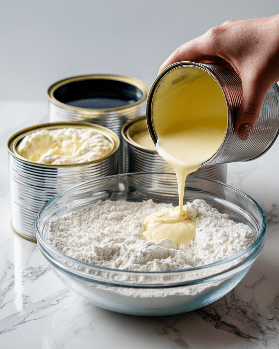 A clear glass bowl is filled with a fluffy white powdery substance, and a woman's hand is pouring a thick smooth pale yellow liquid on top, creating a soft contrast. Behind the bowl, there are two open cans, one filled with a creamy white substance and the other with a dark liquid, all placed on a white marbled surface. photo taken with an iphone --ar 4:5 --v 7