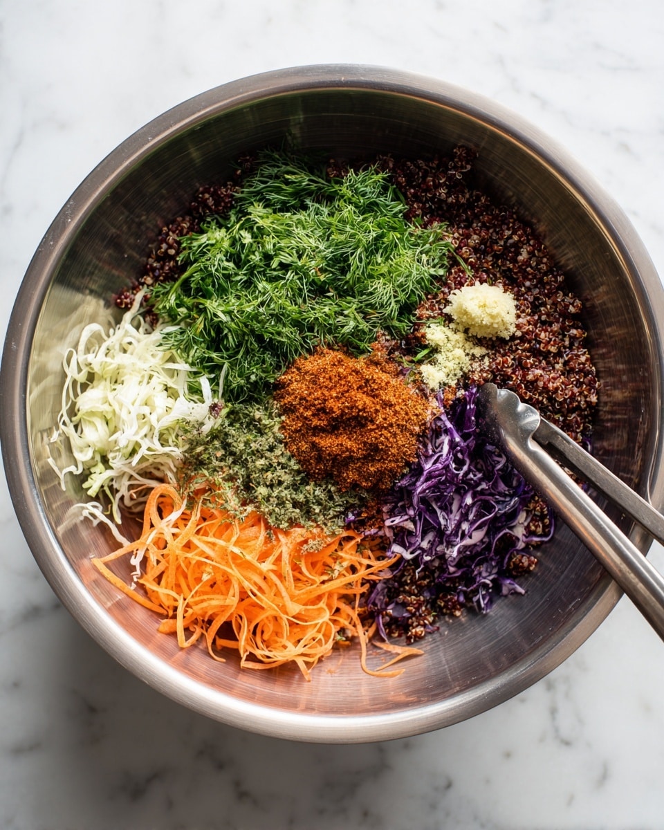 A large stainless steel bowl is filled with a mix of ingredients layered from bottom to top. The bottom layer shows cooked red quinoa grains scattered throughout, with thin, curly carrot slices in white and purple shades lying on top. In the center, there are bright green fresh herbs, including dill and parsley, forming a dense mound. Next to the herbs, a pile of reddish seasoning powder and a small bit of pale minced garlic sit, adding color contrast. Metal tongs rest inside the bowl on the right side, ready for mixing. The bowl is placed on a white marbled surface. Photo taken with an iphone --ar 4:5 --v 7