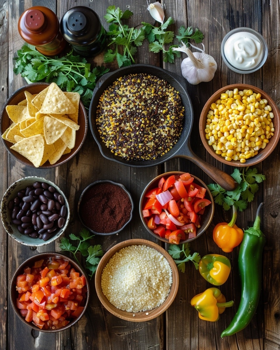 A close-up top view of a round metal pan filled with a cooked grain dish, showing a textured mix of small grains, black beans, and melted cheese spread unevenly over the top, creating a creamy white and light brown layer. Red tomato pieces are scattered throughout the grain, adding bursts of color among the beige and black grains. Bright green fresh herb leaves are sprinkled across the dish, giving a fresh contrast atop the textured surface. The metal pan has a worn appearance with dark speckles around the edge, and the pan sits on a stove visible at the bottom sides of the image. Photo taken with an iphone --ar 4:5 --v 7