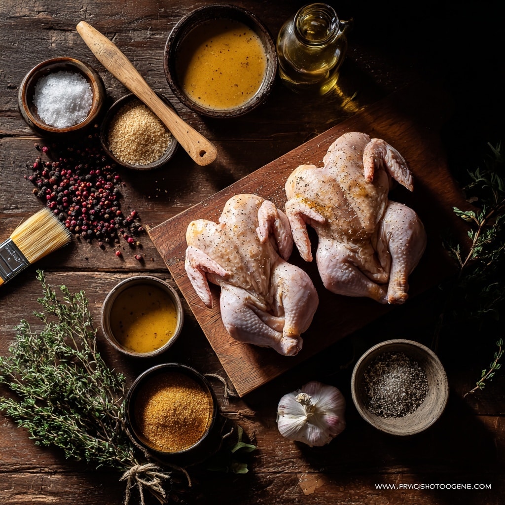 The image shows four stages of preparing grilled chicken halves in a collage. The first stage displays two raw chicken halves with pale pink skin and some white fat on a light wooden cutting board next to a large, old knife. The second stage shows six raw chicken halves spread out on a white baking tray, coated with black pepper and some seasoning, ready to be cooked. The third stage captures four seasoned chicken halves on a black grill with visible heat marks starting to appear, showing light reddish seasoning on the skin. The last stage shows six grilled chicken halves on a white oval plate, with a crispy, golden-brown and slightly charred skin sprinkled with fresh green parsley, placed on a white marbled surface next to a spoon and a small jar of grainy mustard. Photo taken with an iphone --ar 4:5 --v 7