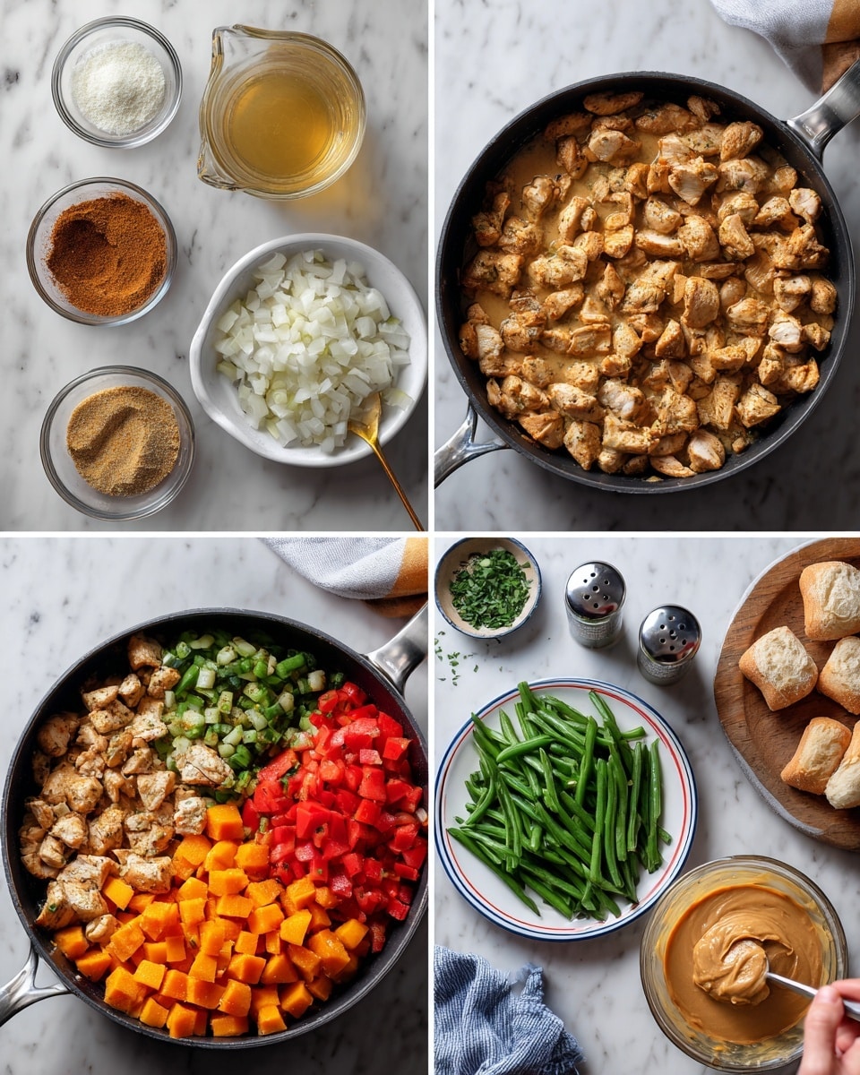 The four-part collage shows the process of making a stew, all set on a white marbled surface. In the first image, a black pan in the center contains cooked light brown chicken pieces, surrounding the pan are small bowls holding finely chopped white onions, minced garlic, diced red peppers, brown spices, and a glass container of golden broth. The second image shows the pan containing a colorful mix of diced red tomatoes, white chopped onions, and spices, with golden broth being poured in from a clear measuring cup, while cooked chicken rests on a white plate with a blue rim off to the side, next to a wooden board with orange cubed butternut and green beans. The third image features the pan filled with cooked chicken chunks on the bottom, topped with bright orange cubed butternut and fresh green beans arranged in neat sections. The last image shows a woman's hand holding a clear glass bowl filled with light brown peanut butter and a dollop of white sour cream above the pan filled with the vegetables and chicken stew; in the background, there are broken bread rolls in a white bowl, a small bowl with green herbs, and a pair of salt and pepper shakers. Photo taken with an iphone --ar 4:5 --v 7