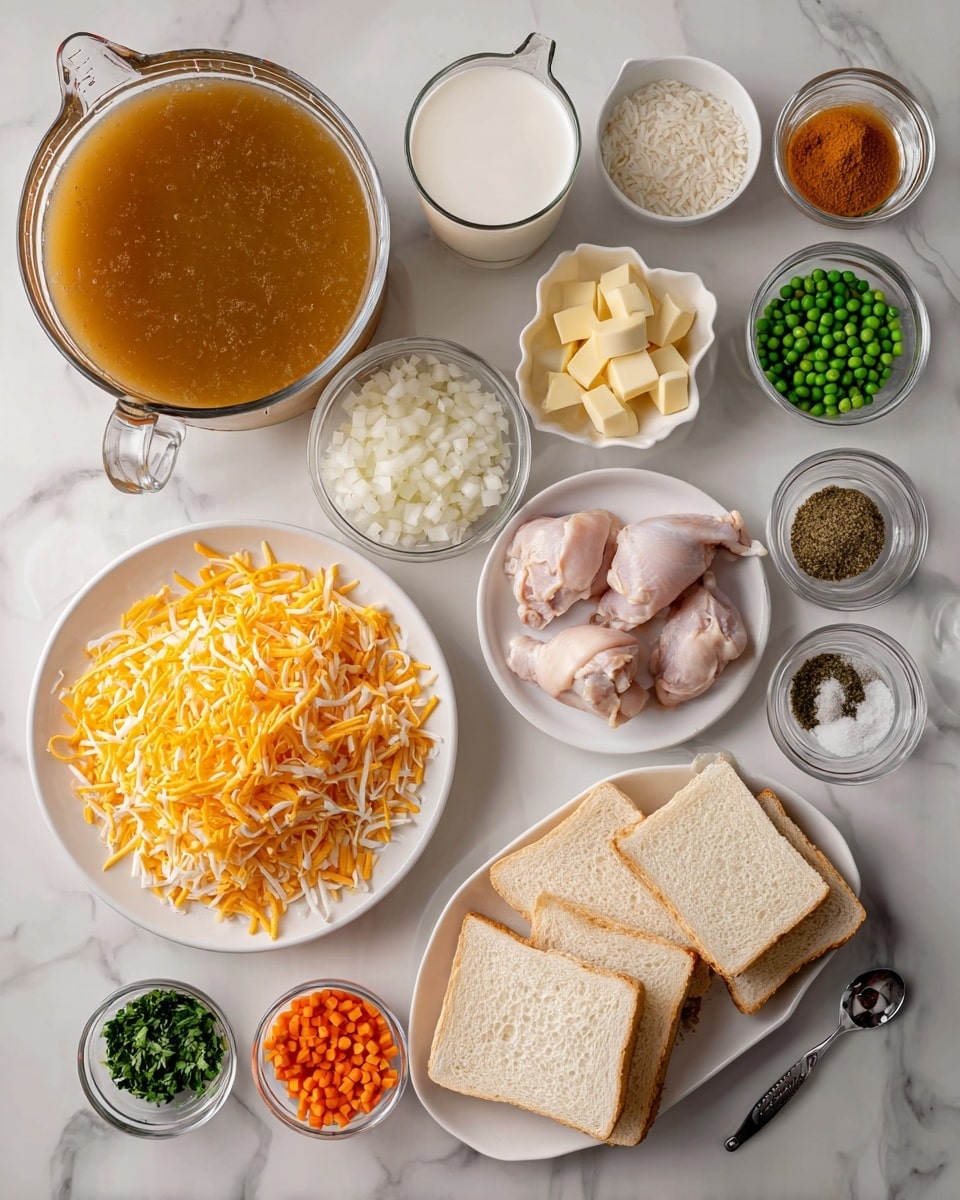 The image shows various cooking ingredients laid out on a white marbled surface. In the center is a large clear measuring cup filled with brown broth. Below it is a white plate holding three raw chicken pieces. To the right of the chicken plate is a white plate piled high with shredded orange cheese, with a few cheese strands scattered nearby. Above the chicken is a clear measuring cup filled with milk, and to its left is a small white bowl of uncooked white rice. A medium white bowl filled with diced white onions is near the top left. Next to the onions is a small clear bowl with three cubes of pale yellow butter. Above the butter is a white plate with four slices of square white bread stacked and cut into halves. On the right top side, there are several small clear bowls holding salt, black pepper, chopped green herbs, a yellow liquid (melted butter), and pale yellow minced garlic. A small white measuring cup with a white powder, a black measuring spoon with orange powder, and a white plate piled with mixed frozen peas and diced orange carrots complete the layout. The photo is taken with an iphone --ar 4:5 --v 7