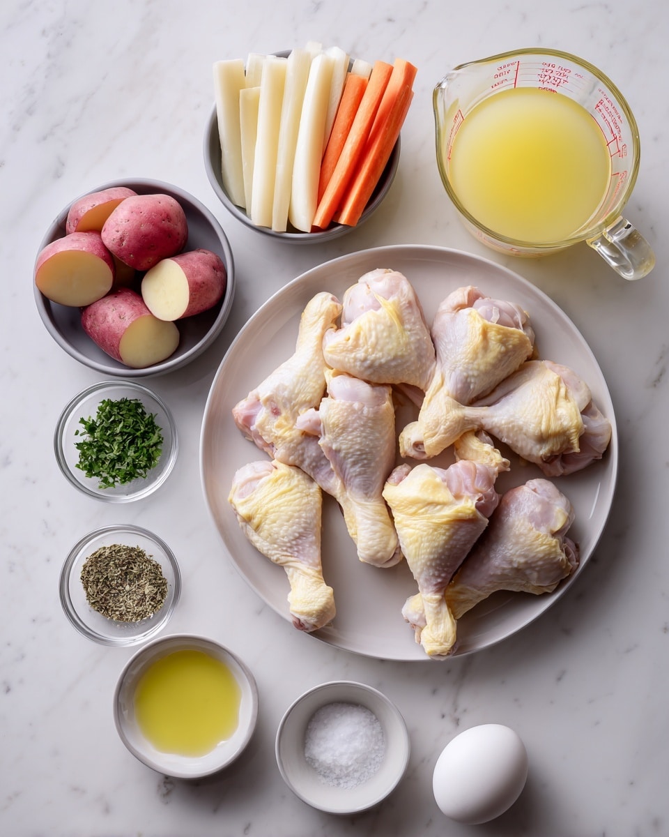 The image shows several dishes and bowls arranged on a white marbled surface. In the center, a white plate holds eight pieces of raw chicken with skin in different shapes like drumsticks and thighs, light pink and yellow in color. Above it, a gray bowl contains orange carrot sticks and pale white parsnip sticks side by side. To the left, another gray bowl holds quartered red potatoes with pale inner flesh. Above the chicken plate on the right side, a clear glass measuring cup with light yellow broth sits next to a larger clear measuring cup filled with light yellow oil on the lower left. Around the plates are small white bowls with different herbs and seasonings: one has green chopped herbs, another has a mix of salt and black pepper, another holds chopped parsley, and there is a small glass bowl with a whole white egg and a white plate with melted butter on the bottom right. All are placed neatly on the smooth, white marbled surface photo taken with an iphone --ar 4:5 --v 7