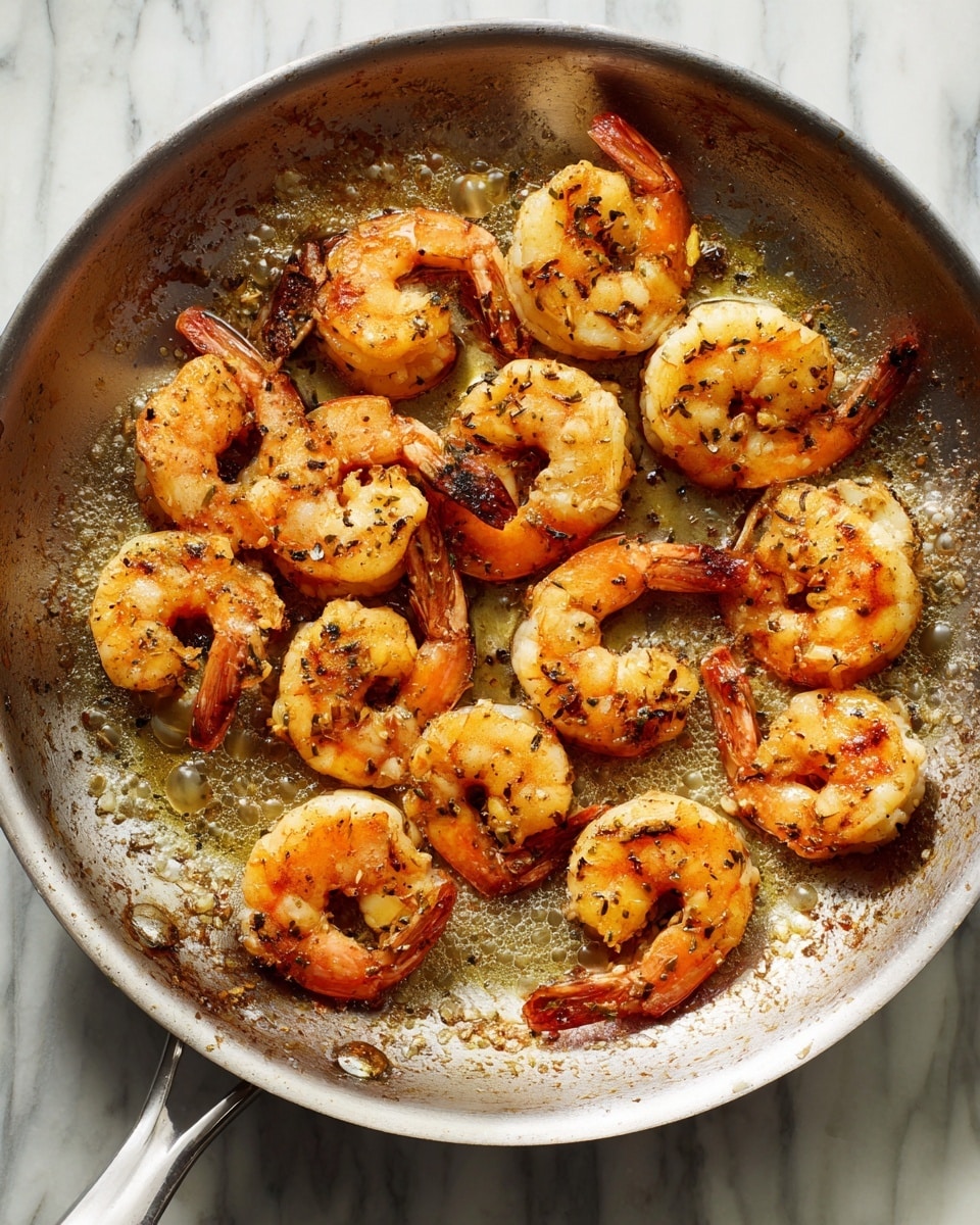 A silver pan filled with about twenty shrimp cooking on a stove, the shrimp are curled and have a light orange color with char marks and some spices visible, their tails are a darker orange, and they are cooking in bubbling oil with some spots showing brown seared bits on the pan's surface, the background below the stove shows a white marbled texture photo taken with an iphone --ar 4:5 --v 7