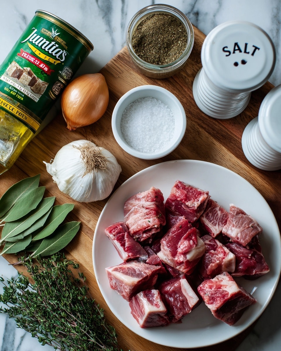 The image shows a white plate on the right filled with several pieces of raw red meat with visible fat and bone, placed on a wooden surface. To the left of the plate, there are fresh bay leaves and green thyme sprigs laid out on the surface. Above the herbs, a whole bulb of garlic and a whole yellow onion rest near two small white bowls, one with coarse salt and the other empty. A large can of Juanita's Mexican style hominy stands towards the top center, next to a bottle of olive oil on the left and a rectangular package of chicken bouillon cubes below it. To the right of the hominy can, there is a small jar of ground cumin and two stacked white ceramic containers labeled