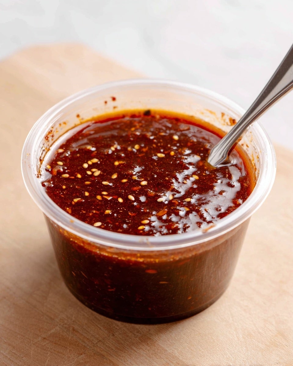 A clear round plastic container filled with rich dark red-brown sauce with visible small seeds and spice bits mixed in, the sauce has a thick and slightly chunky texture. The inside edges of the container show splashes of sauce, and a metal spoon is dipped on the right side, slightly stained with the sauce. The container sits on a light wooden surface changed to a white marbled texture photo taken with an iphone --ar 4:5 --v 7