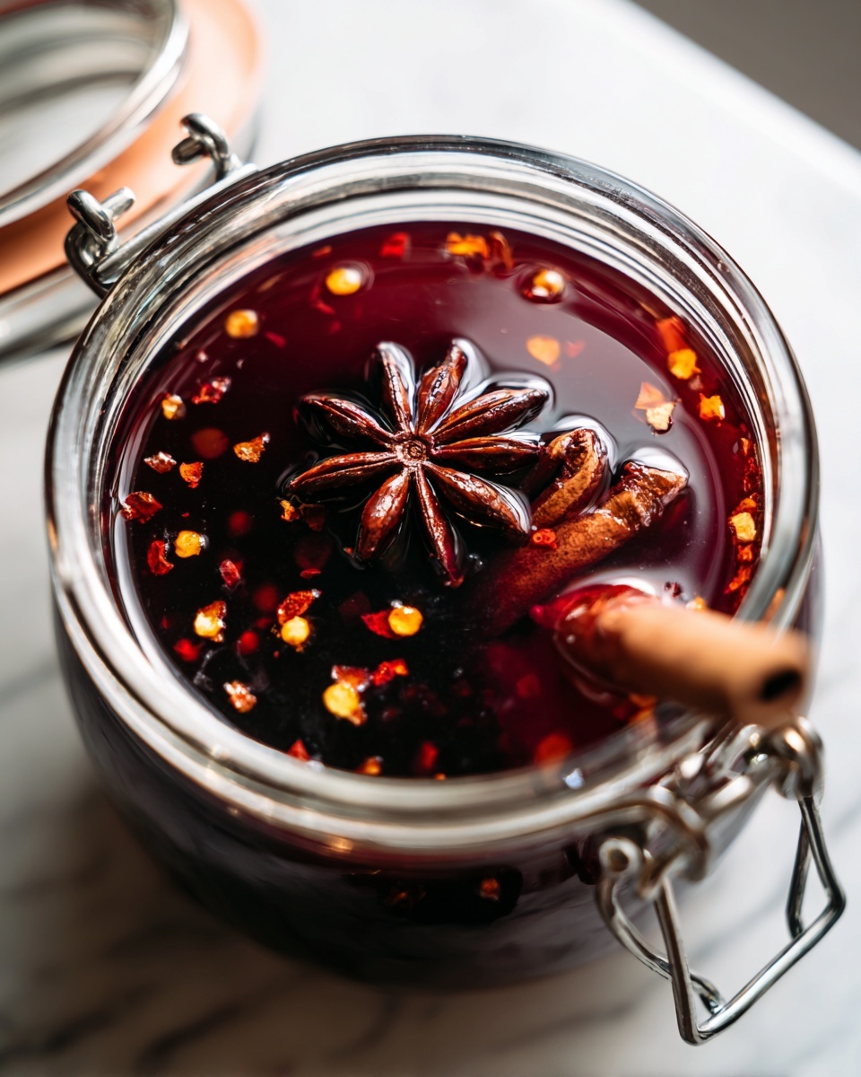The image shows a close-up of a glass jar filled with a dark red liquid that has a shiny, slightly oily texture. Floating on the surface are small chili flakes scattered throughout, adding orange and yellow specks. In the center, there is a brown star anise with its points spread out, and beside it, a cinnamon stick partially submerged in the liquid. The jar is placed on a white marbled surface, and the metal clasp and seal of the jar are visible. The lighting highlights the glossy surface of the liquid inside the jar. photo taken with an iphone --ar 4:5 --v 7