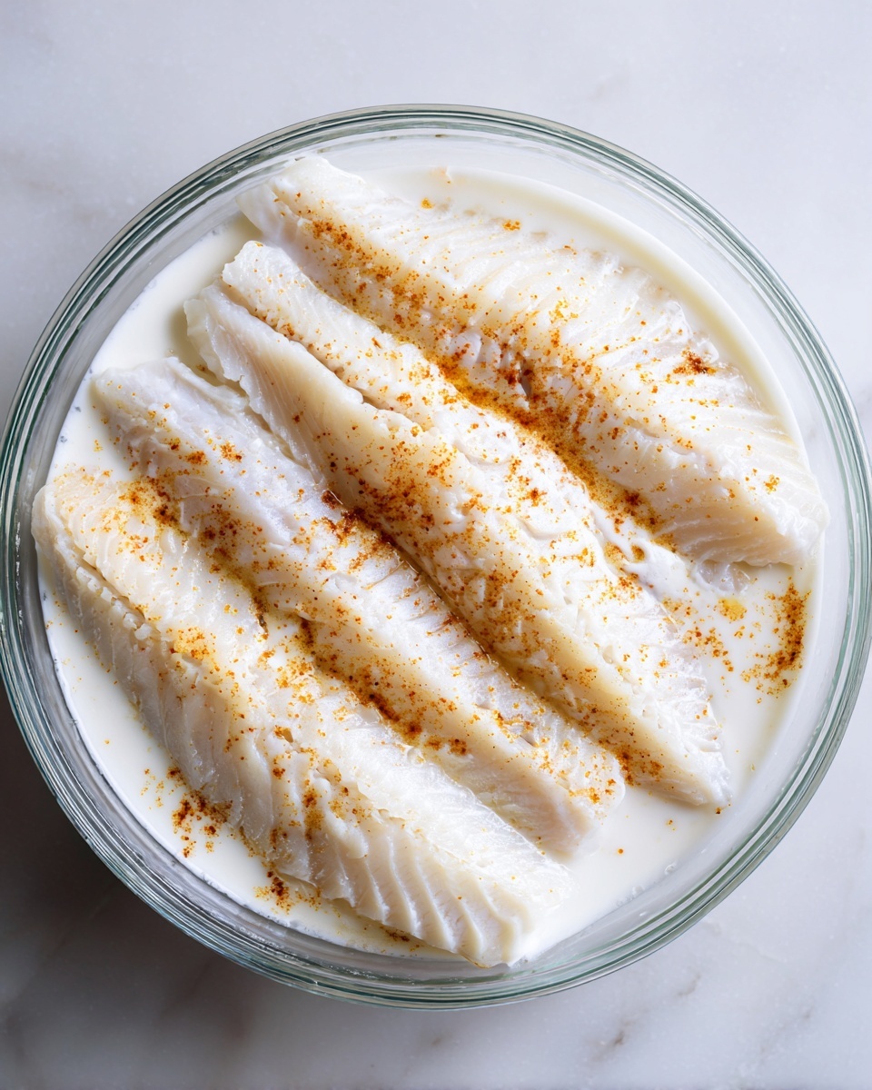 The image shows several thick white pieces of fish fillets arranged closely in a clear glass bowl filled with a milky white liquid. The fish pieces have a slight orange seasoning sprinkled unevenly over their smooth, moist surfaces. The texture of the fish looks soft and fresh, with visible fibrous layers and a few slight shimmery spots from the liquid. The bowl is placed on a white marbled surface. photo taken with an iphone --ar 4:5 --v 7