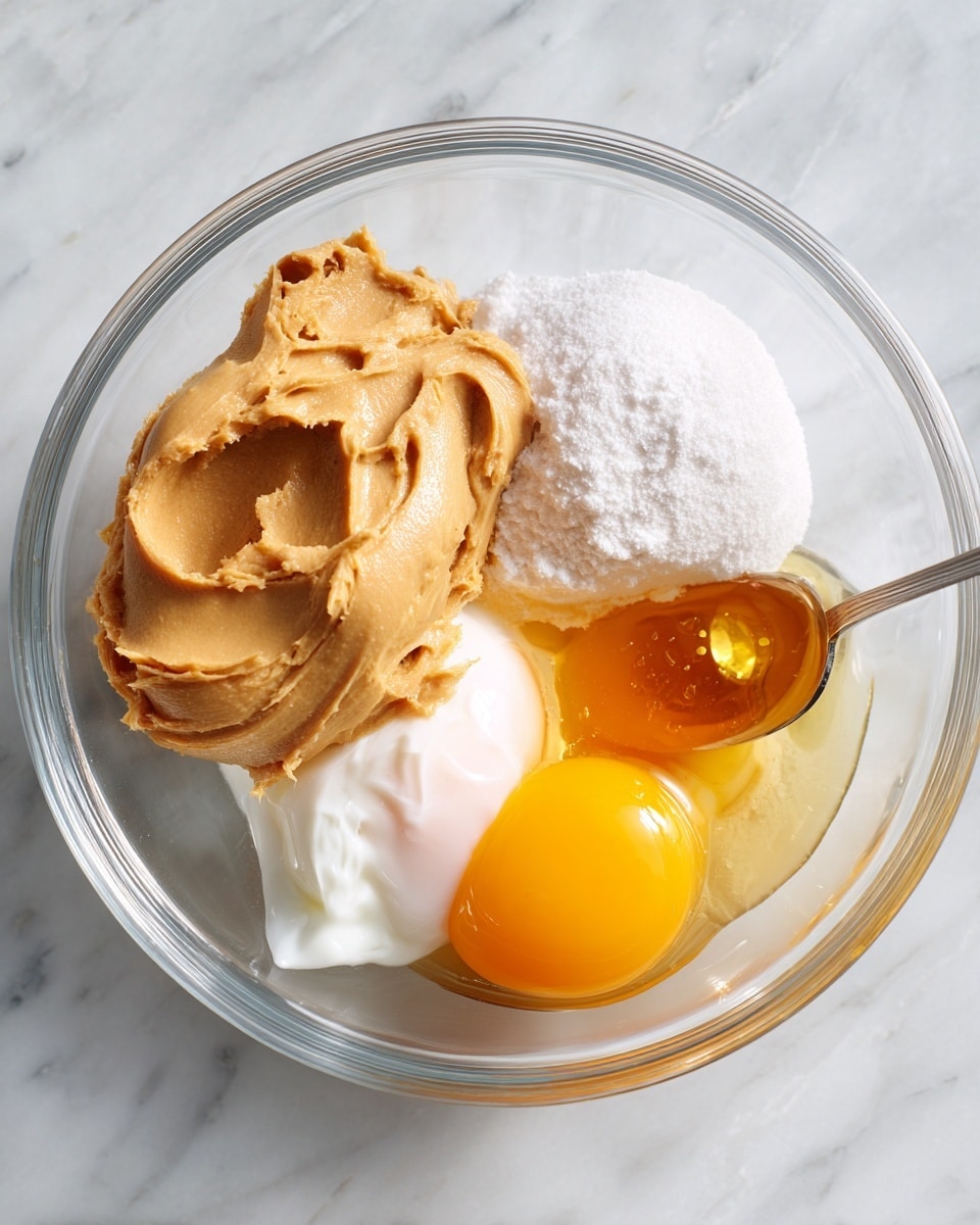 A clear glass bowl sits on a white marbled surface, containing four distinct layers: a smooth, thick dollop of light brown peanut butter on the left, a mound of fine white sugar to the upper right, a shiny golden egg yolk with surrounding translucent egg white near the bottom right, and a small light amber spoonful of vanilla extract beside the egg white near the edge of the sugar. The ingredients are unblended, showing clear separation and different textures. Photo taken with an iphone --ar 4:5 --v 7