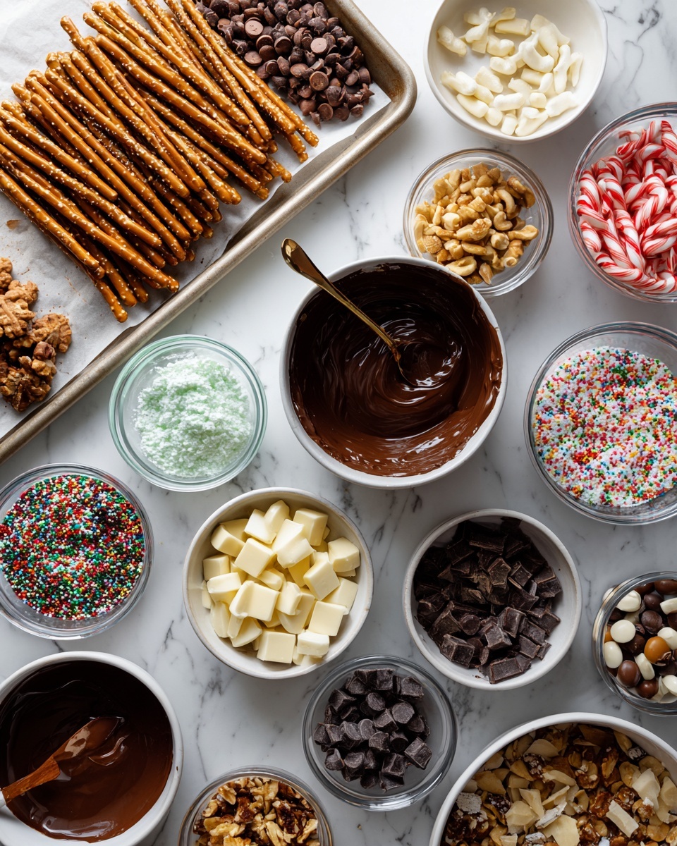 A group of long, brown pretzel sticks are shown on a white plate and next to a clear glass measuring cup filled with dark melted chocolate, a woman's hand holding one pretzel stick dipped in the chocolate. Around the measuring cup, there are small clear bowls filled with red, white, and green sprinkles and crushed peppermint. On a white baking sheet, several pretzel sticks are half dipped in chocolate and decorated with the sprinkles and crushed peppermint, lying flat in neat rows. The overall look is a mix of brown, dark chocolate, red, white, and green colors with shiny and rough textures. The surface and background are white marbled. photo taken with an iphone --ar 4:5 --v 7