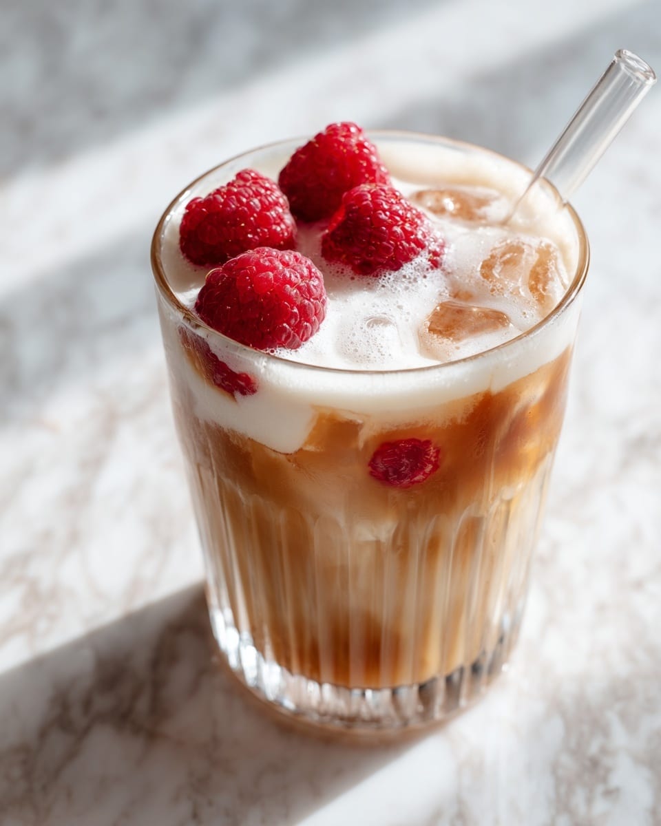 A clear round glass with vertical ridges is filled with a light brown creamy drink that has swirls of white foam on top. Five bright red raspberries float near the surface, some partially submerged, creating a pop of color against the pale drink. The glass is placed on a white marbled surface, and a straw is barely visible inside the drink. Photo taken with an iphone --ar 4:5 --v 7