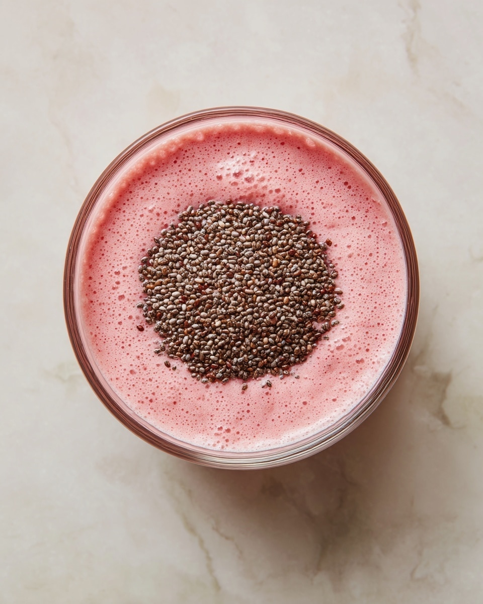 A clear glass bowl is filled with a layer of light pink creamy liquid that has a smooth and slightly frothy texture filling most of the bowl. On top, centered, there is a dense mound of tiny, dark chia seeds creating a rough, grainy texture against the smooth pink layer. The bowl is placed on a white marbled surface, giving a clean and bright look. Photo taken with an iphone --ar 4:5 --v 7