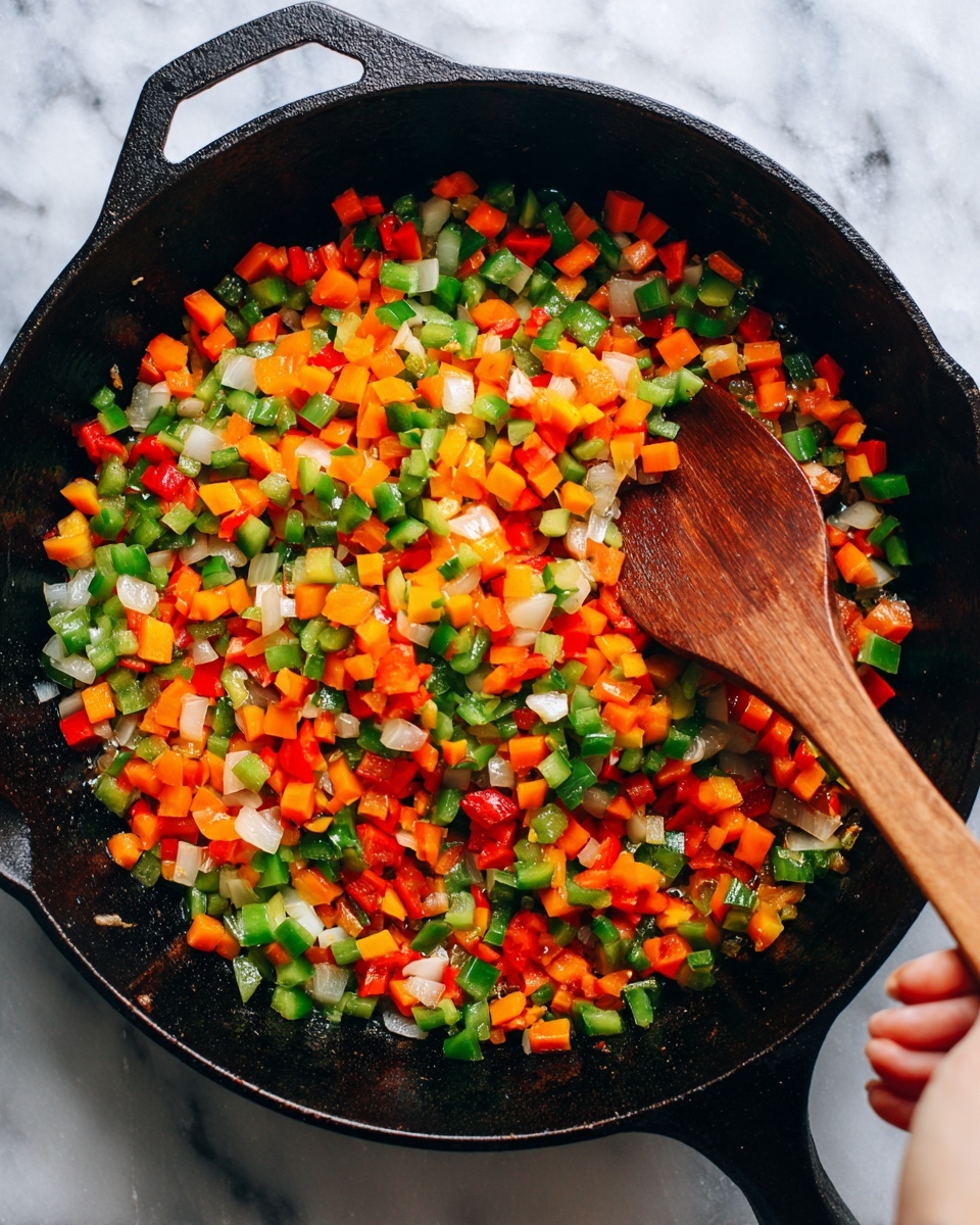 A black cast iron pan filled with small, chopped vegetables in many bright colors: orange carrots, green bell peppers, yellow bell peppers, red bell peppers, and white onions all mixed together. The vegetables are evenly spread out over the bottom of the pan, which has a rough dark surface. A wooden spoon is stirring the vegetables from the right side of the pan, held by a woman's hand. The background is a white marbled texture, and the image looks warm and fresh. Photo taken with an iphone --ar 4:5 --v 7