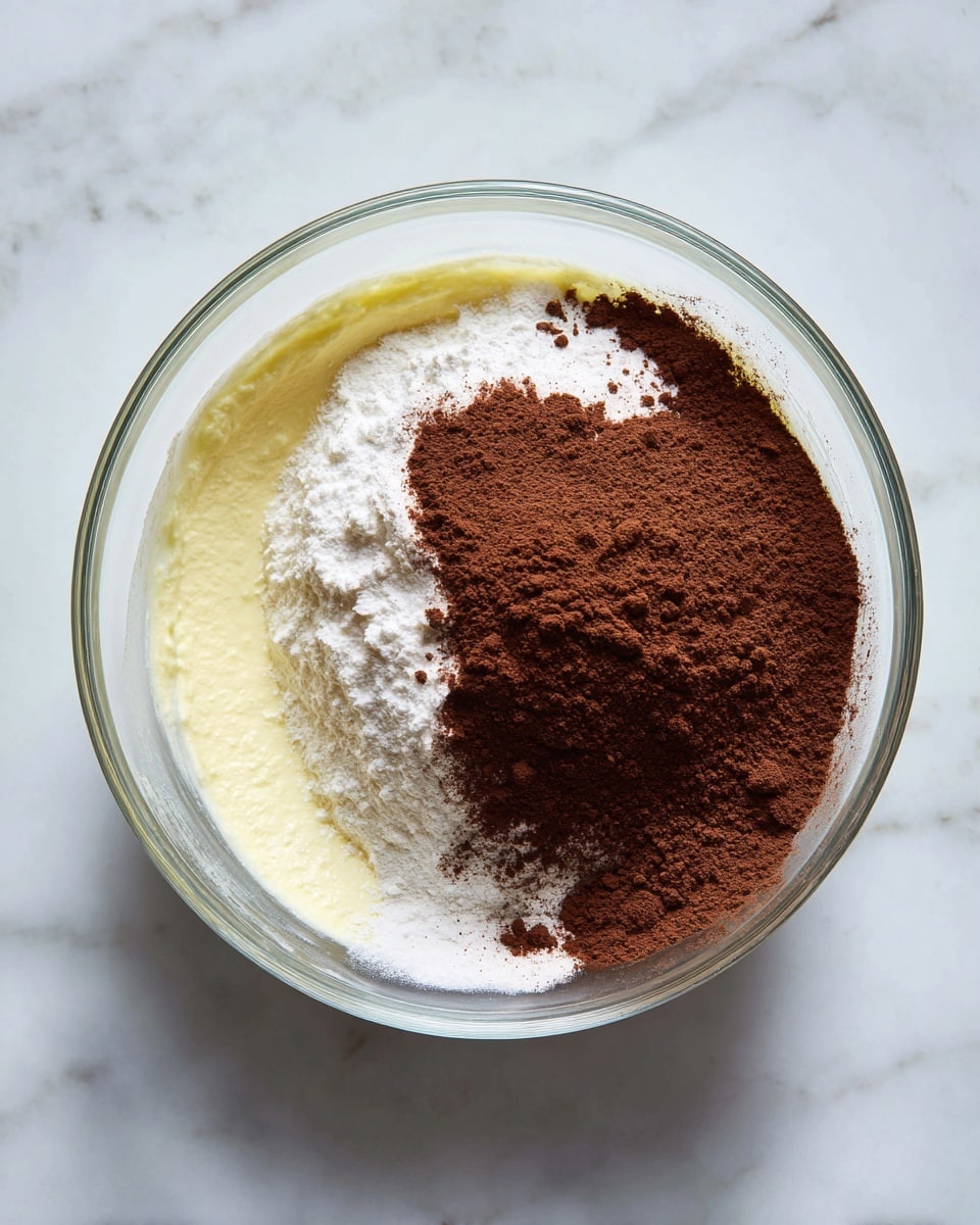 A clear glass bowl sits center on a white marbled surface, containing three distinct layers of ingredients. The bottom layer is light yellow and thick, mostly pushed to the sides of the bowl, while the middle layer is white and powdery, scattered unevenly over the base. On top, a dark brown, fine powder layer, which is cocoa, covers a large part of the white layer but leaves some edges visible. The bowl is viewed from above showing all layers clearly. photo taken with an iphone --ar 4:5 --v 7