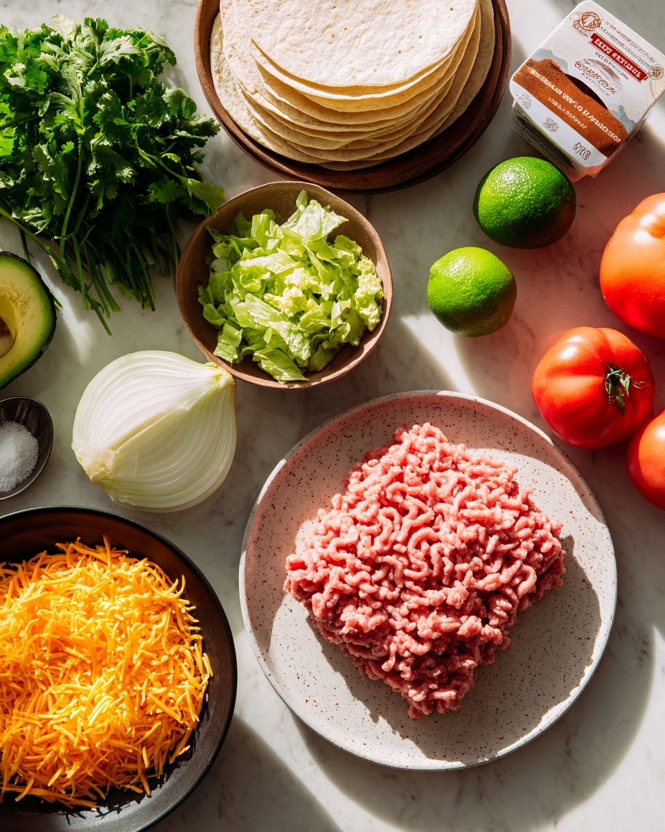 Crispy Turkey Tacos Recipe 4 The image shows a clean white marbled surface with several taco ingredients neatly arranged. At the center right, there is a speckled white plate holding raw ground meat with a pinkish color and a wavy texture on top. Above it, a brown plate holds a stack of white corn tortillas. To the left of the meat, there is a bunch of fresh green cilantro and half of a white onion with its inner layers visible. At the bottom left corner, a black bowl is filled with shredded bright orange cheddar cheese. Above that, fresh green avocado and lime fruits are placed. Nearby, a small bowl of chopped pale green lettuce is visible, along with a white packet of organic taco seasoning and a red can of traditional refried beans. Three whole red Roma tomatoes and another whole lime complete the scene. The light is bright and natural. photo taken with an iphone --ar 4:5 --v 7