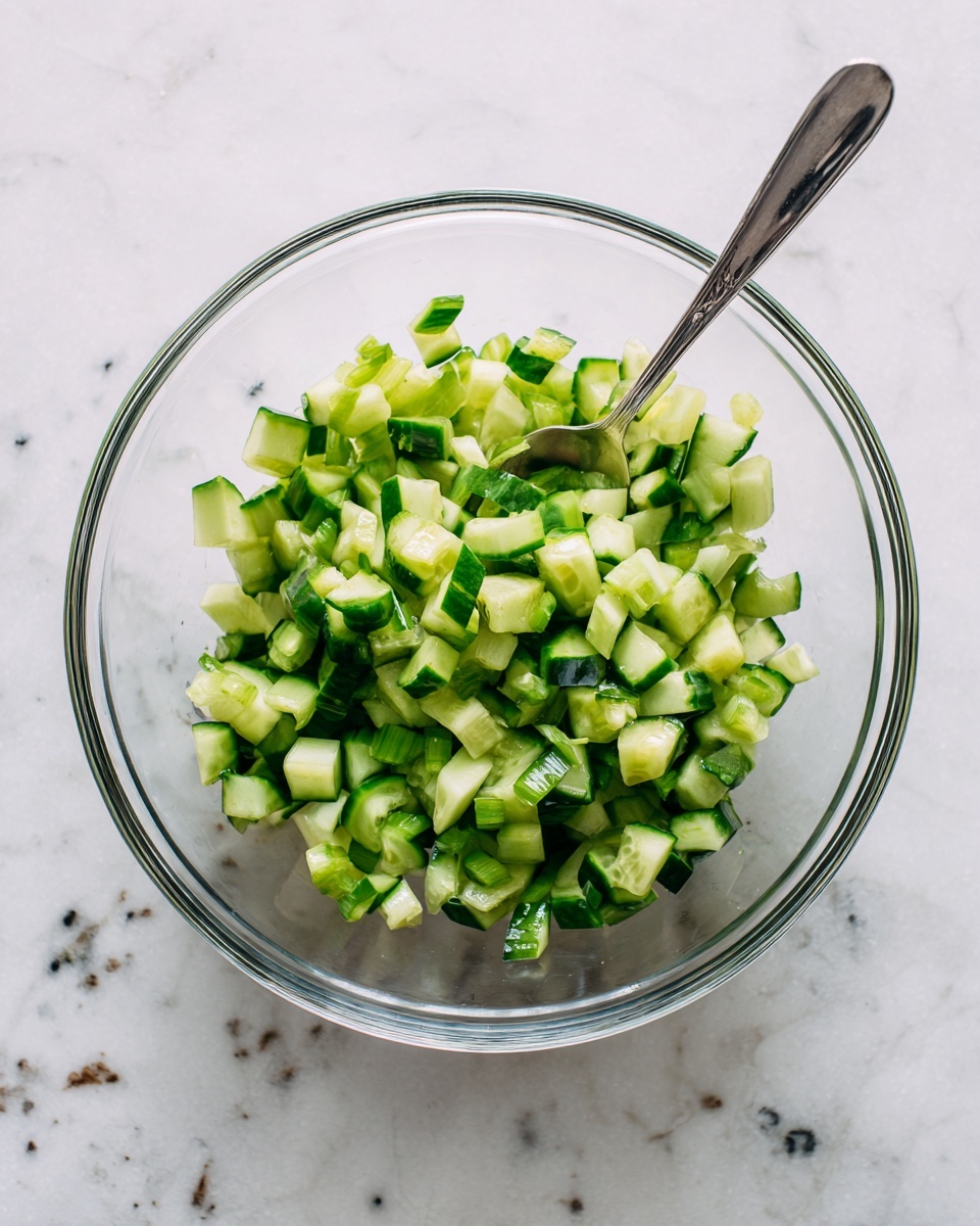 A clear glass bowl holds one layer of small cucumber cubes with light green flesh and darker green skin pieces scattered evenly inside. A silver spoon with a simple handle is placed inside the bowl, its tip resting among the cucumber pieces. The bowl is set on a white marbled surface with small dark and light specks. The photo is taken from above, showing the round shape of the bowl and the textures of the diced cucumber pieces photo taken with an iphone --ar 4:5 --v 7