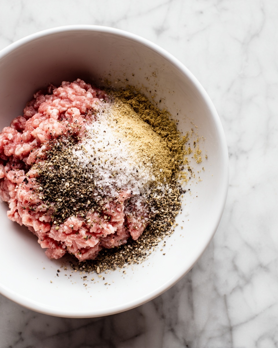 A white bowl filled with ground light pink meat topped with several layers of spices: a layer of coarse black pepper spread unevenly, white powdery seasoning scattered mostly in the center, and a light yellow powder covering parts of the surface. The bowl is placed on a white marbled surface. photo taken with an iphone --ar 4:5 --v 7