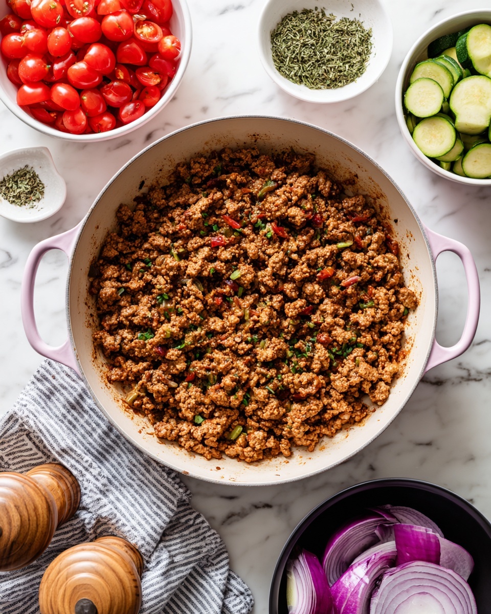 A large white pan with light pink handles is in the center, filled with browned crumbled meat with a slightly crispy texture on one side. Surrounding the pan on a white marbled surface are a white bowl filled with red cherry tomatoes cut in half, a small white bowl with green dried herbs, a black bowl with large pieces of purple onion, and a white bowl holding green zucchini slices. A striped gray and white cloth is placed near the bottom left corner, and two wooden pepper grinders are positioned on the left side near the tomato bowl. photo taken with an iphone --ar 4:5 --v 7