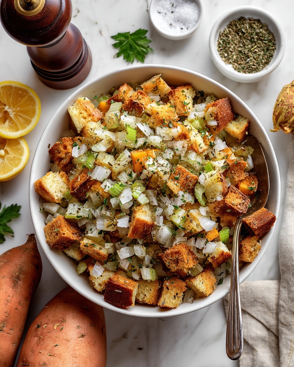 A white bowl filled with three main layers: cubed light brown bread pieces at the bottom, small diced pale green celery pieces scattered above, and a topping of chopped white onions mixed with green herbs and black pepper sprinkled on top. A silver spoon rests inside the bowl on the right side. Around the bowl on the white marbled surface, there are two whole orange sweet potatoes at the bottom, some green parsley sprigs scattered, a halved lemon on the top left, a dark brown pepper grinder behind the bowl, a small white bowl with a gold spoon holding salt above the main bowl, and a small white saucer holding dried green herbs on the top right. photo taken with an iphone --ar 4:5 --v 7