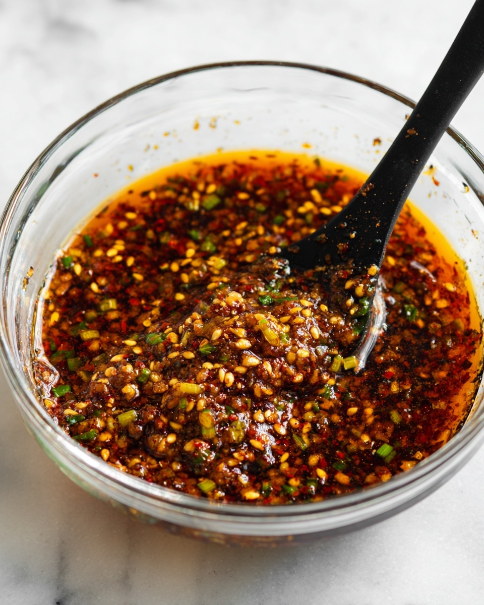 A clear glass bowl sits on a white marbled surface filled with a dark reddish-brown sauce mixed with golden toasted sesame seeds and small green pieces, possibly chopped herbs or scallions. A black spatula is partially inside the bowl, coated with the sauce, showing a mixture of oily, textured liquid with visible sesame seeds and bits of seasoning clinging to it. The overall look is rich in colors and textures, with a shiny, slightly oily surface reflecting light. photo taken with an iphone --ar 4:5 --v 7