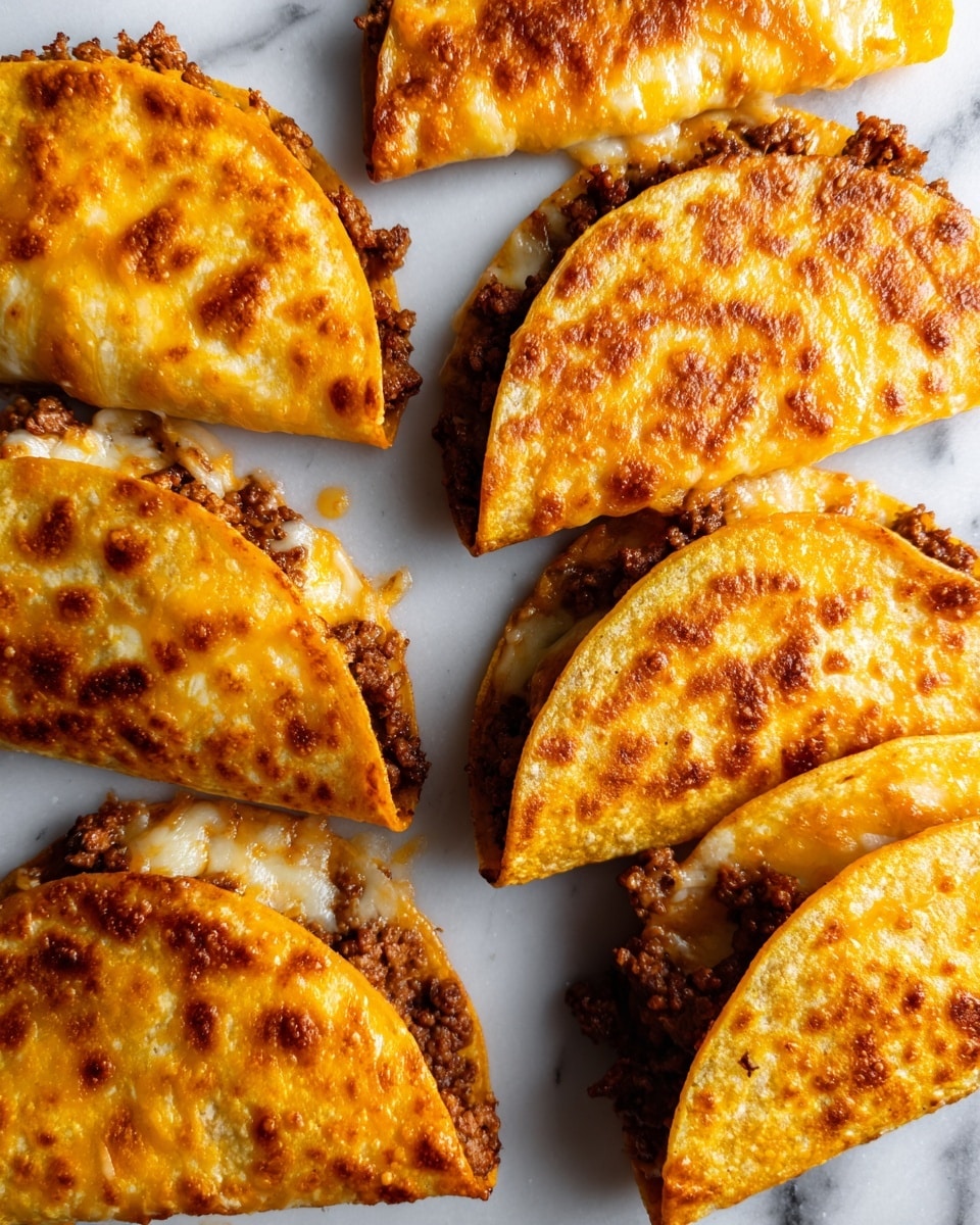 The image shows several crispy tacos arranged closely on a white marbled surface. Each taco is folded in half, revealing a filling of melted, bubbly, golden-orange cheese mixed with browned, textured meat peeking out from the edges. The tacos have a crunchy, bubbled shell with a deep golden color, and some cheese has spilled over and crisped up around them, forming irregular, melted patches on the surface. The tacos are scattered in different directions, creating a casual, appetizing look. photo taken with an iphone --ar 4:5 --v 7