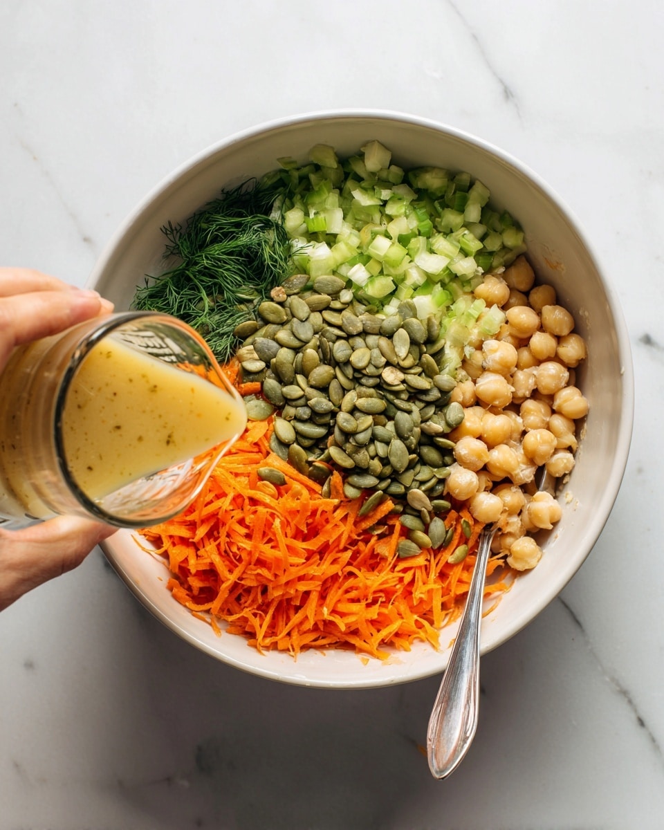 A white bowl sits on a white marbled surface, filled with separate layers of ingredients: bright orange shredded carrots, chopped light green celery, deep green fresh dill, and a pile of green pumpkin seeds all arranged side by side in the bowl. A woman's hand is pouring a light golden dressing over the ingredients from a clear glass measuring cup. In the next image, the ingredients are mixed together, showing a colorful salad with chickpeas added, creamy beige in color, mixed evenly with the shredded carrots, celery, and dill. A silver spoon rests inside the bowl on a wooden surface. Photo taken with an iphone --ar 4:5 --v 7