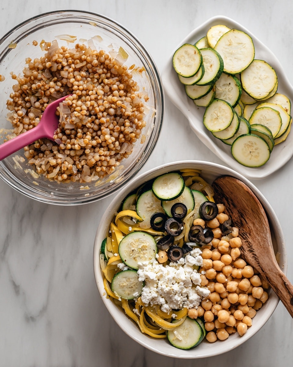 The image shows two scenes: on the left, a clear glass bowl filled with small, round, light brown grains with bits of onion mixed in, and a bright pink spatula resting inside; behind the bowl are thin slices of light green zucchini and pale yellow squash laid out on a white rectangular dish on a white marbled surface. On the right, a large white bowl contains layered ingredients starting from the bottom with more of the round grains, topped with circular slices of green zucchini and yellow squash, a portion of black olive slices on top in the center, creamy white crumbled cheese on one side, and whole light beige chickpeas filling the rest of the bowl; a wooden spoon with a green handle rests inside. Photo taken with an iphone --ar 4:5 --v 7