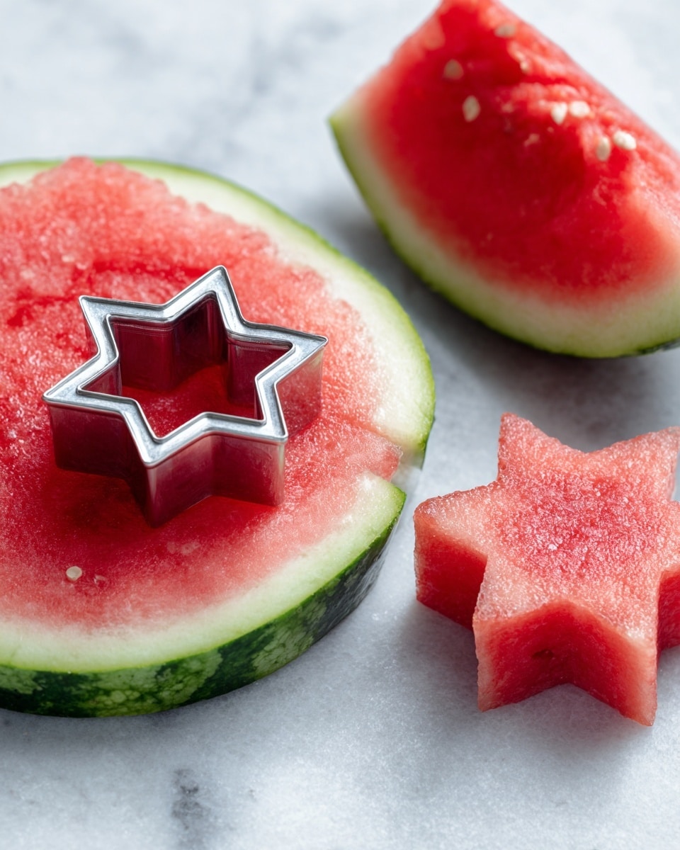 A close-up of a slice of watermelon with three visible layers: a thin dark green outer rind, a thicker pale green middle rind, and a bright red juicy flesh with small white seeds scattered throughout. A metal star-shaped cookie cutter is pressed into the red flesh, creating the outline of the star. To the right, two star-shaped pieces of watermelon lie on a white marbled surface, one partially cut and the other fully separate. The texture of the watermelon flesh looks moist and fresh, and the background is smooth and light. Photo taken with an iphone --ar 4:5 --v 7