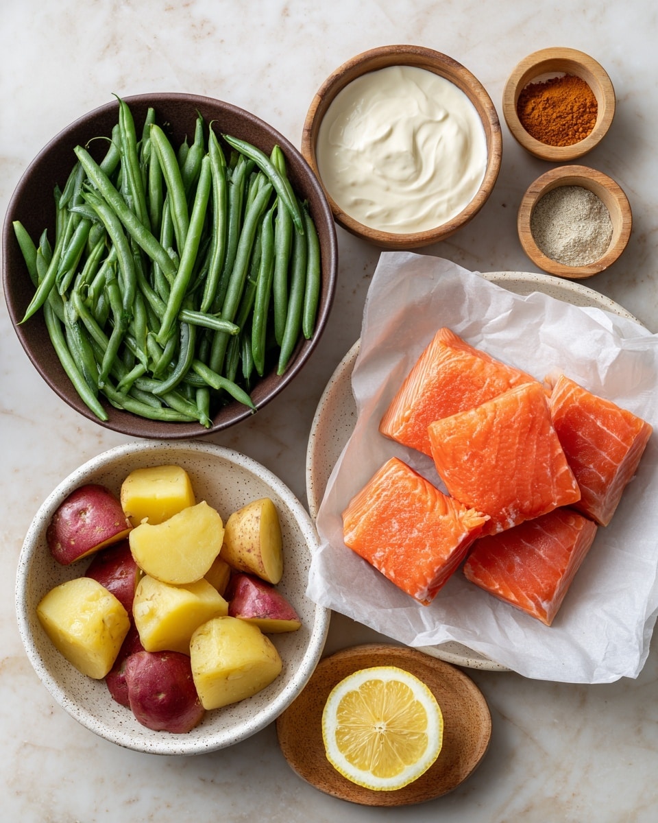 The image shows several food items arranged on a white marbled surface. At the center right, there are four bright orange pieces of salmon with smooth textures placed on parchment paper over a white round plate. To the top left, a dark brown bowl is filled with fresh, long green beans. Below it, a white speckled bowl contains yellow and red potato pieces with smooth skin and cut shapes. At the top center, a small wooden bowl holds a white creamy sauce with a soft, thick texture. To the right of that, a small white bowl contains three spice powders in distinct layers: one white, one light yellow, and one reddish-brown. At the bottom right, a small wooden plate holds a lemon cut in half showing the juicy, bright yellow inside. Photo taken with an iphone --ar 4:5 --v 7