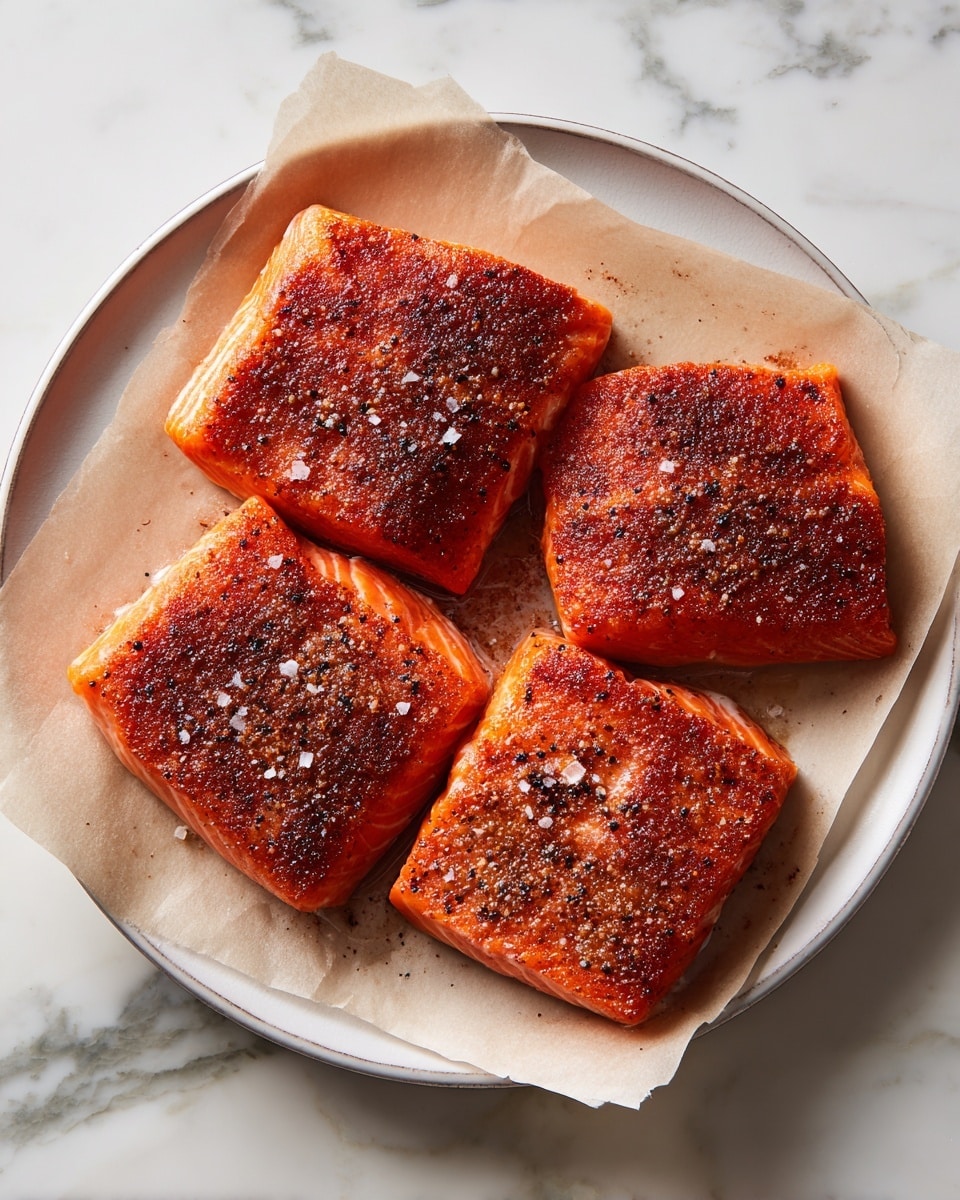 Four square pieces of bright orange salmon are placed tightly together on a round white plate lined with beige parchment paper. Each salmon piece is covered with a dark reddish-brown layer of seasoning, giving them a rough texture with visible specks of salt and pepper. The plate rests on a white marbled surface, adding a clean and light background to the rich colors of the salmon. photo taken with an iphone --ar 4:5 --v 7