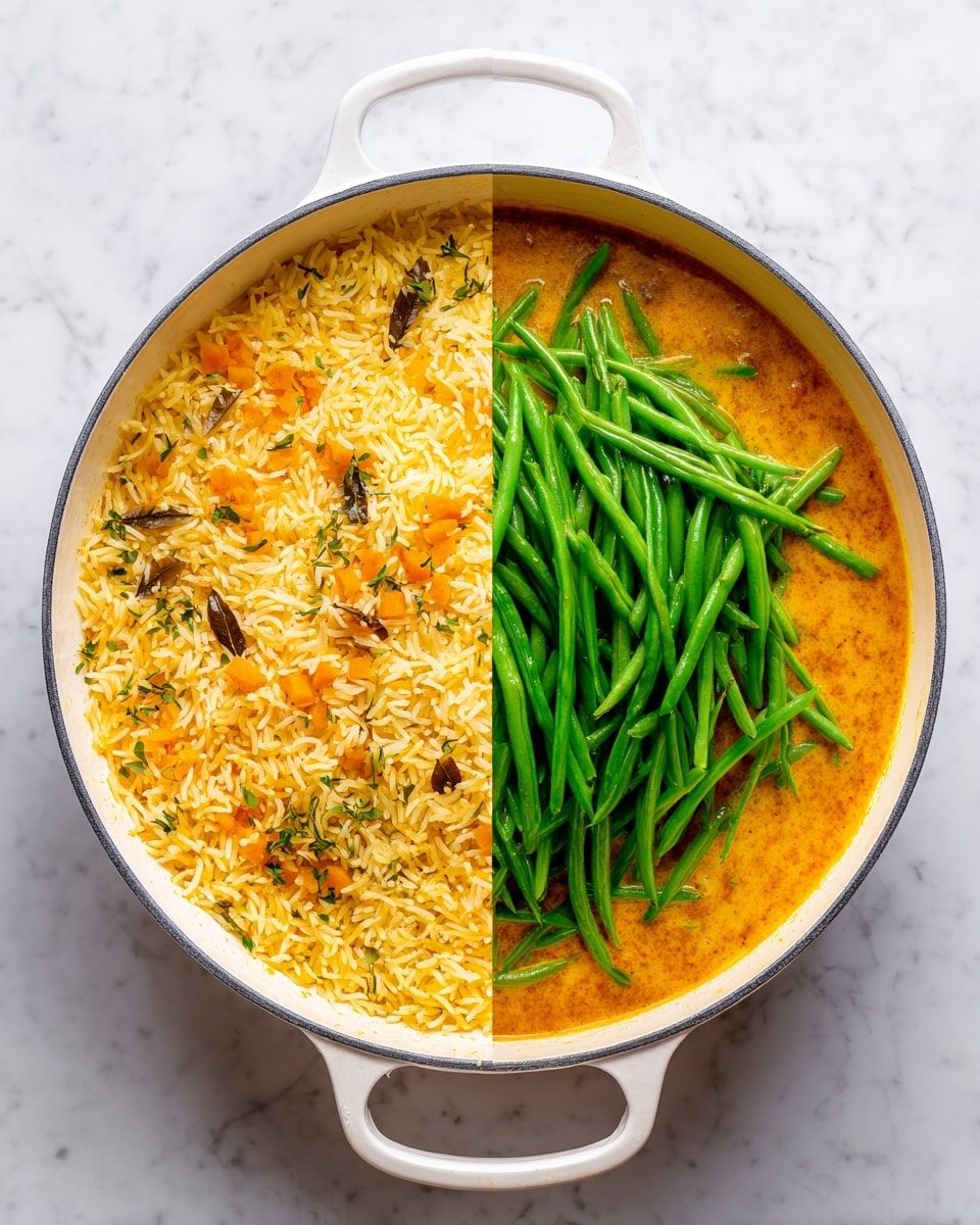 A white pan on a white marbled surface shows two stages of cooking. On the left side, the pan contains a layer of dry, yellowish rice mixed with small pieces of orange vegetables, all evenly spread across the pan's base. On the right side, the same rice and vegetable mixture is now covered with a liquid layer of orange broth, topped with a fresh pile of bright green raw green beans, arranged loosely in the center of the pan. The textures contrast from dry and grainy on the left to wet and fresh on the right, both vibrant in color. Photo taken with an iphone --ar 4:5 --v 7