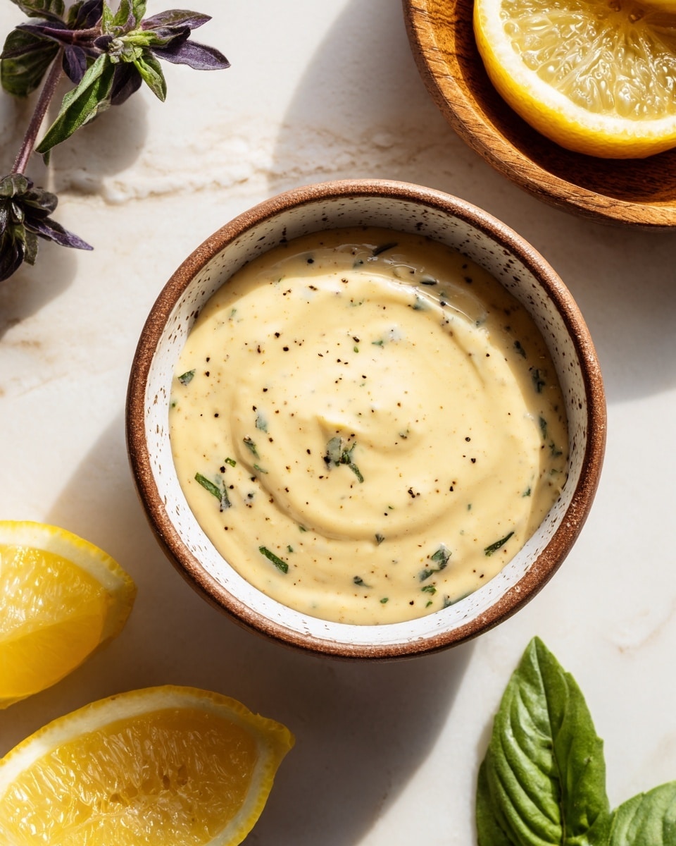 A small white ceramic bowl with a decorative brown rim is filled with a smooth, creamy light beige sauce speckled with tiny green and black herbs. The bowl rests on a white marbled surface, with two yellow lemon wedges placed beside it at the bottom left and a fresh green leaf at the bottom right. In the top right corner, part of a wooden bowl holding a lemon half is visible. A few small purple and green basil leaves are scattered near the upper left edge of the bowl. Photo taken with an iphone --ar 4:5 --v 7