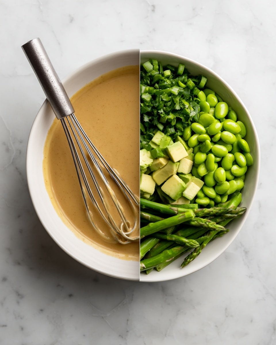 The image shows two side-by-side photos on a white marbled surface. On the left, there is a white bowl filled with a light brown creamy sauce with a smooth texture, inside which a metal whisk is resting, coated with the sauce. On the right, a white bowl holds several fresh green ingredients arranged in neat sections: bright green edamame beans on the left, chopped scallions and cilantro in the upper right, cubed avocado pieces near the center, and several pieces of asparagus and snap peas at the bottom right. The colors are vibrant with various shades of green contrasting against the smooth white bowls. photo taken with an iphone --ar 4:5 --v 7