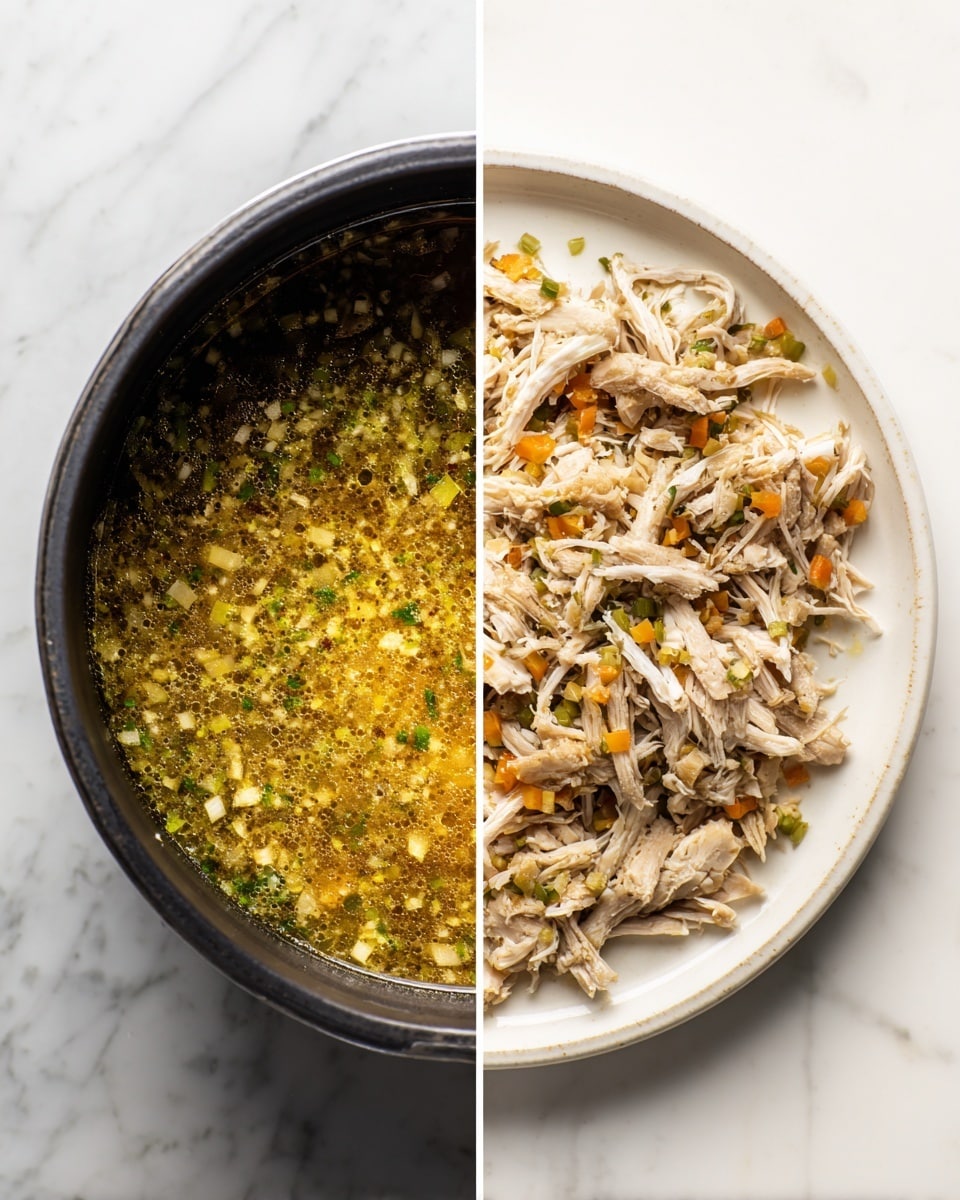The image is split into two parts: the left side shows a black pot filled with a golden-brown broth mixed with small green and white bits, giving a slightly textured and oily surface; the pot sits on a white marbled surface. The right side shows a white tray holding shredded light beige pieces of cooked meat scattered unevenly, with small bits of green and orange vegetables spread among the meat, all placed on the same white marbled surface. photo taken with an iphone --ar 4:5 --v 7