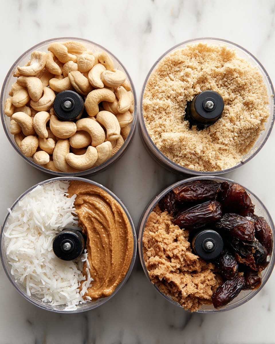 The image shows four clear round containers with black blades in the center, each filled with different stages of a food process, placed on a white marbled surface. The first container is full of whole light beige cashew nuts filling the entire space above the blade. The second container holds finely ground cashew nuts, forming a pale, coarse powder layer evenly spread around the blade. The third container displays a mix of ingredients: a smooth, light brown layer of nut butter on the left, white shredded coconut on the right, and dark brown dates clustered near the bottom, all surrounding the blade. The fourth container contains a pressed mixture of all ingredients, light brown in color with a crumbly, dough-like texture, covering the blade and filling the container. Photo taken with an iphone --ar 4:5 --v 7