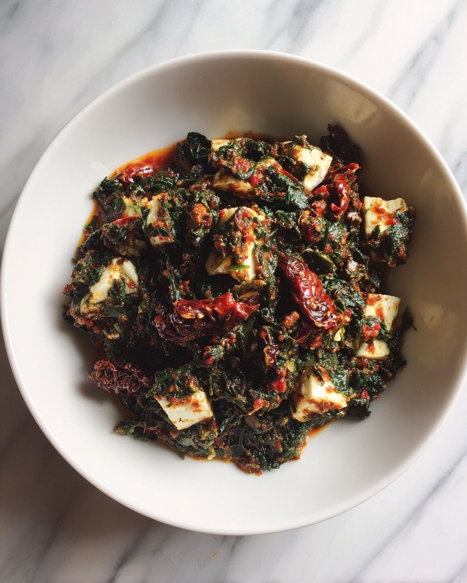 A white bowl holds a mixed blend of cooked dark green spinach, small chunks of white cheese, and pieces of dark red sun-dried tomatoes, all coated lightly with a red sauce. The mixture looks soft with some texture from the cheese and vegetables, sitting on a white marbled surface. Photo taken with an iphone --ar 4:5 --v 7