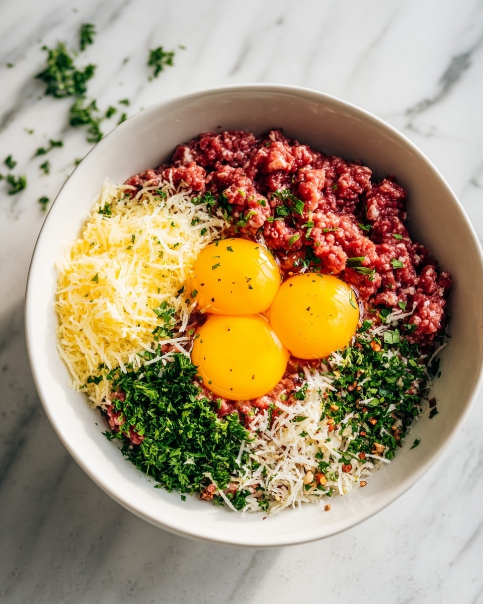 A woman's hand holds a white bowl filled with bright red, raw ground meat against a white marbled surface background. In the next image, a clear glass bowl sits on the same white marbled surface, filled with layers of ingredients: a thick base of bright red ground meat, topped with two bright yellow egg yolks, finely shredded pale yellow cheese, chopped green herbs, a sprinkling of dark green dried herbs, and small bits of white and reddish seasoning mixed in. photo taken with an iphone --ar 4:5 --v 7