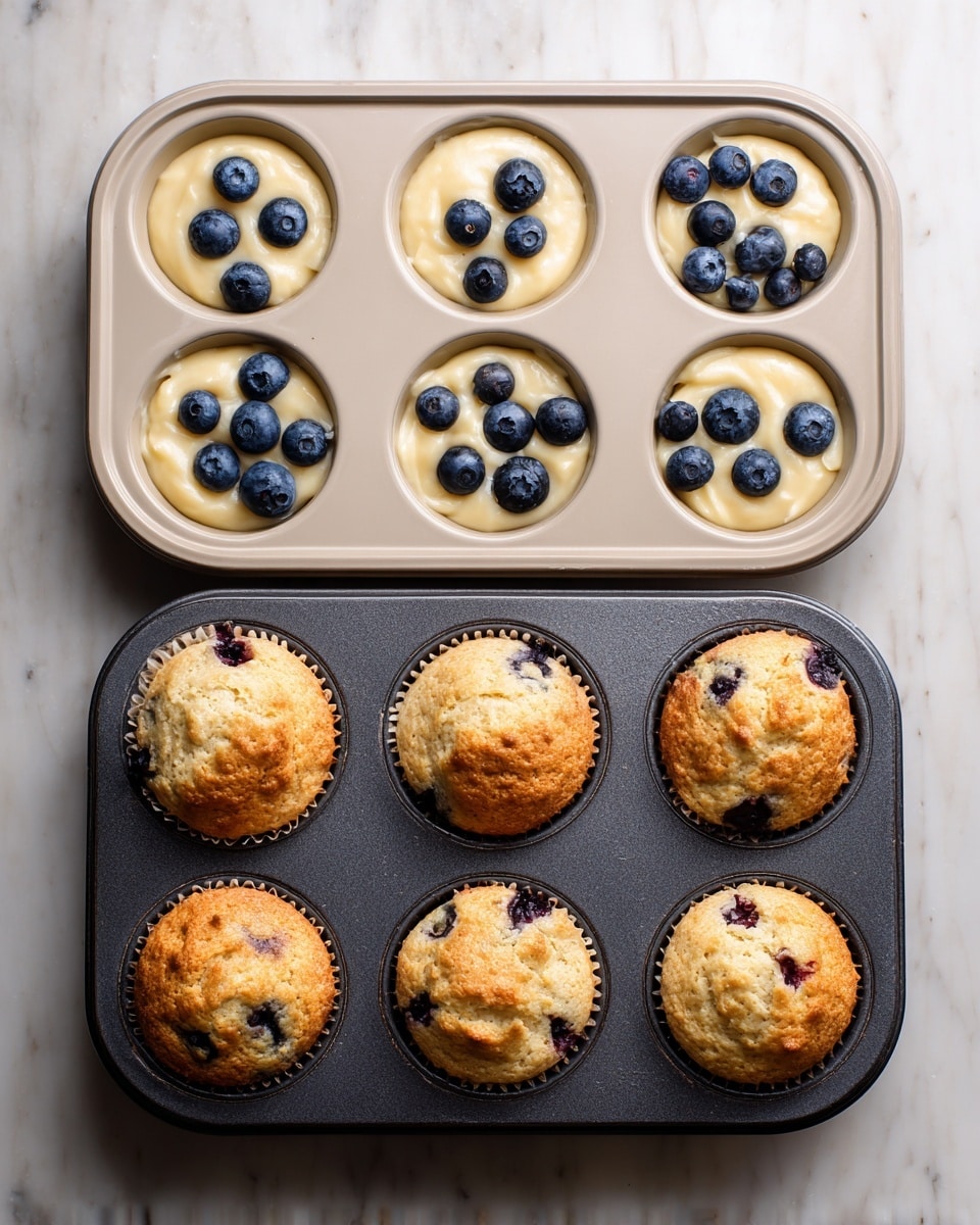 The image shows two muffin trays side by side on a white marbled surface. The tray on the top is light-colored with six cups, each filled halfway with pale yellow batter and topped with three to five fresh blueberries. The tray below is dark-colored with six cups filled with golden-baked muffins, lightly browned on top with some visible blueberries peeking through the surface. The muffins have a soft, textured appearance and slight cracks on top. The light and dark trays contrast clearly, showing the before and after baking stages. photo taken with an iphone --ar 4:5 --v 7