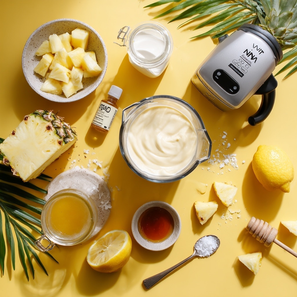 Inside a clear blender, there are large chunks of yellow pineapple pieces mixed with dollops of white creamy yogurt on top. The pineapple pieces are bright yellow with a slightly juicy texture, while the yogurt is smooth and soft, resting unevenly over and between the fruit chunks. The blender walls are clear and splattered with a little juice, showing the mixture ready to be blended. The scene is set against a white marbled surface. photo taken with an iphone --ar 4:5 --v 7