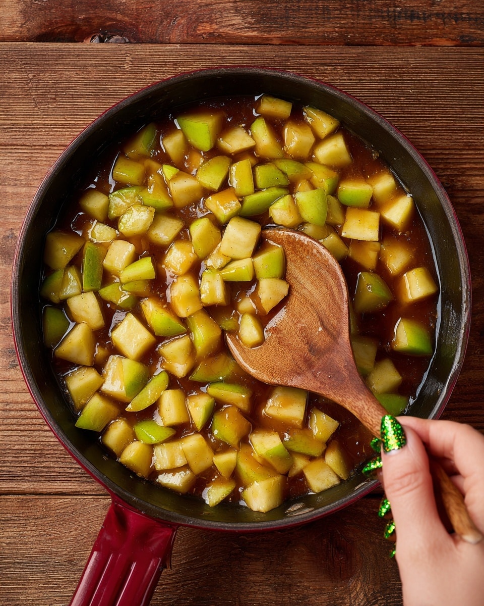 A close-up top view of small chopped green apple pieces cooked in a dark brown liquid sauce inside a deep red cast iron pan with black interior; the apple pieces show a mix of light green skin and pale yellow flesh, coated evenly in the glossy sauce. A wooden spoon with a natural wood grain texture stirs the apple mix in the pan, held by a woman's hand with long green nails that have a gold glitter design. The pan is placed on a rustic wooden surface with a warm brown color. photo taken with an iphone --ar 4:5 --v 7