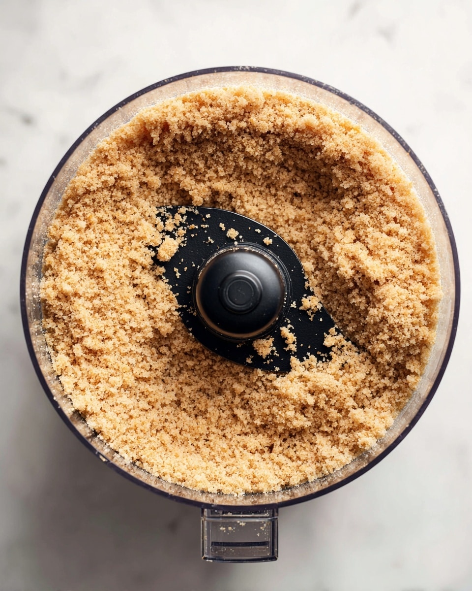 A clear food processor bowl filled with one even layer of light brown, finely ground crumb mixture with small grainy bits visible. The black central blade piece stands out in the middle with crumbs sticking around it and along the sides inside the bowl. The bowl has a clear lid with a small handle, and it sits on a smooth white marbled surface. The image is shot from above, focusing only on the food processor's contents. photo taken with an iphone --ar 4:5 --v 7