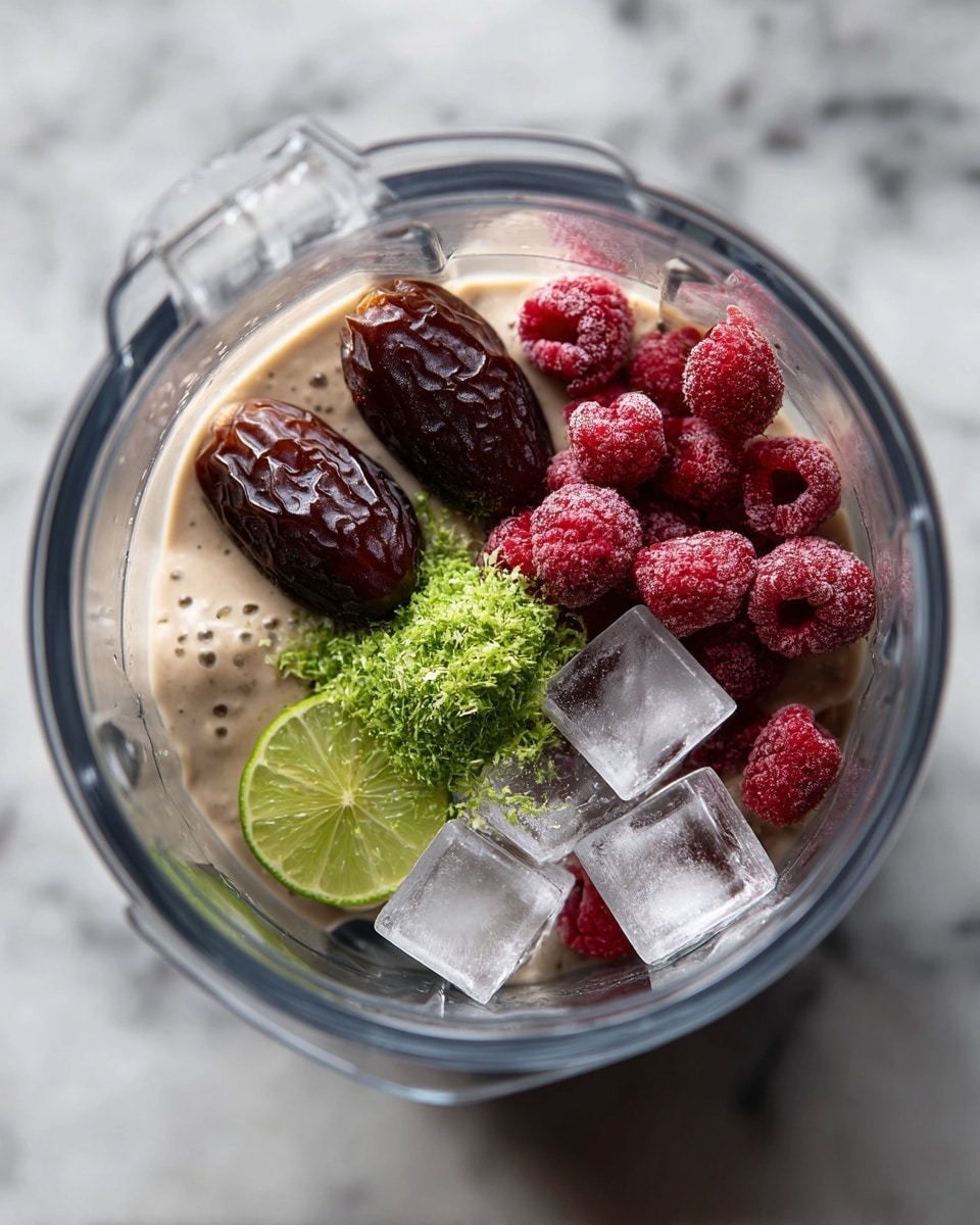 A clear blender container is shown from above, filled with several distinct layers of ingredients. At the bottom, there is a light beige liquid with a smooth texture. On top of this, two dark brown dates lie close together. Scattered over the dates is a small pile of bright green lime zest. Around these ingredients, there are several frozen red raspberries, each with a frosty texture. Two large, clear ice cubes with sharp edges rest among the fruit. The entire scene is set on a white marbled surface. photo taken with an iphone --ar 4:5 --v 7